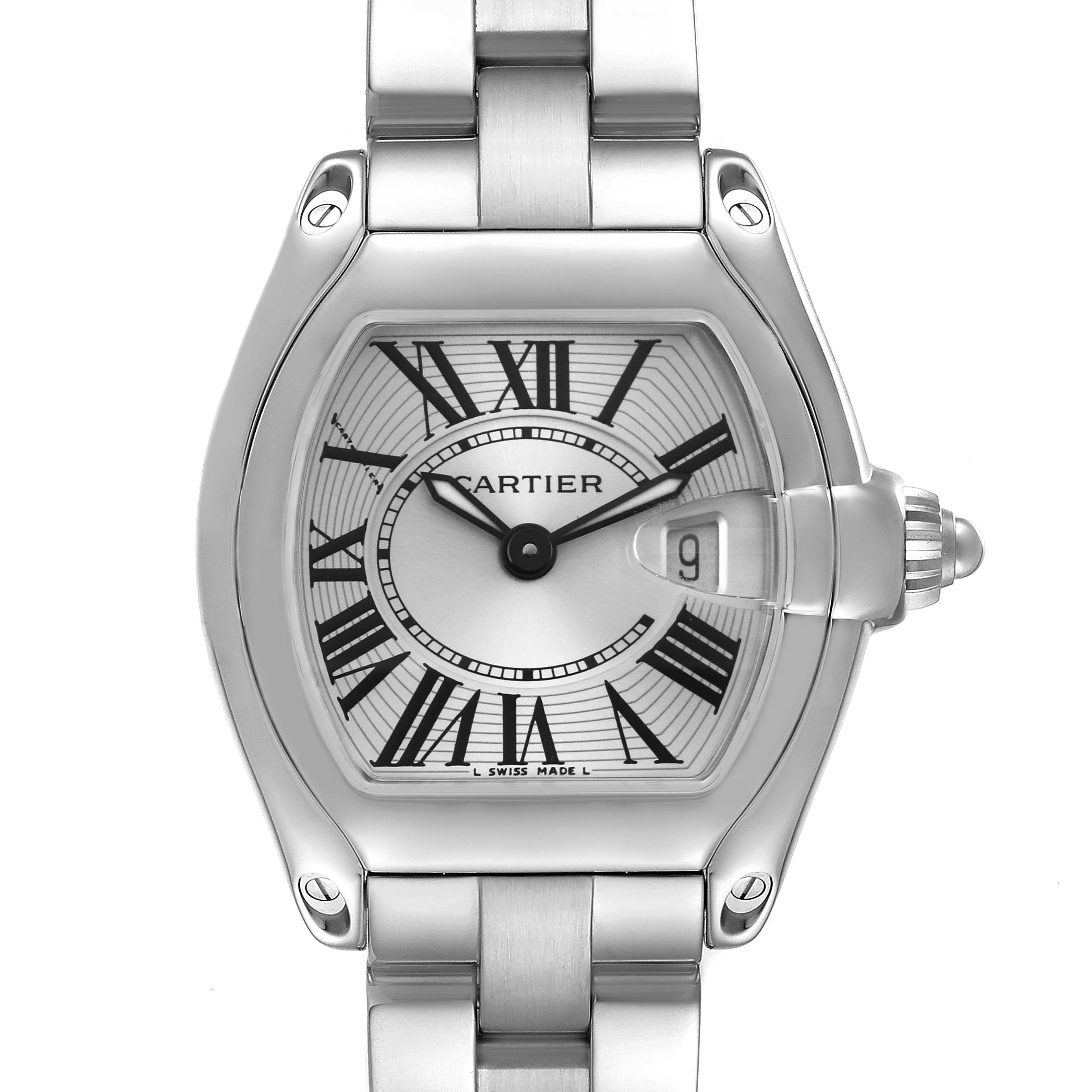 The image shows a frontal view of a Cartier Roadster W62016V3 Women
s Stainless Steel Silver Dial W62016V3 Women
s Stainless Steel Silver Dial watch, highlighting the dial, Roman numerals, date window, and part of the bracelet.