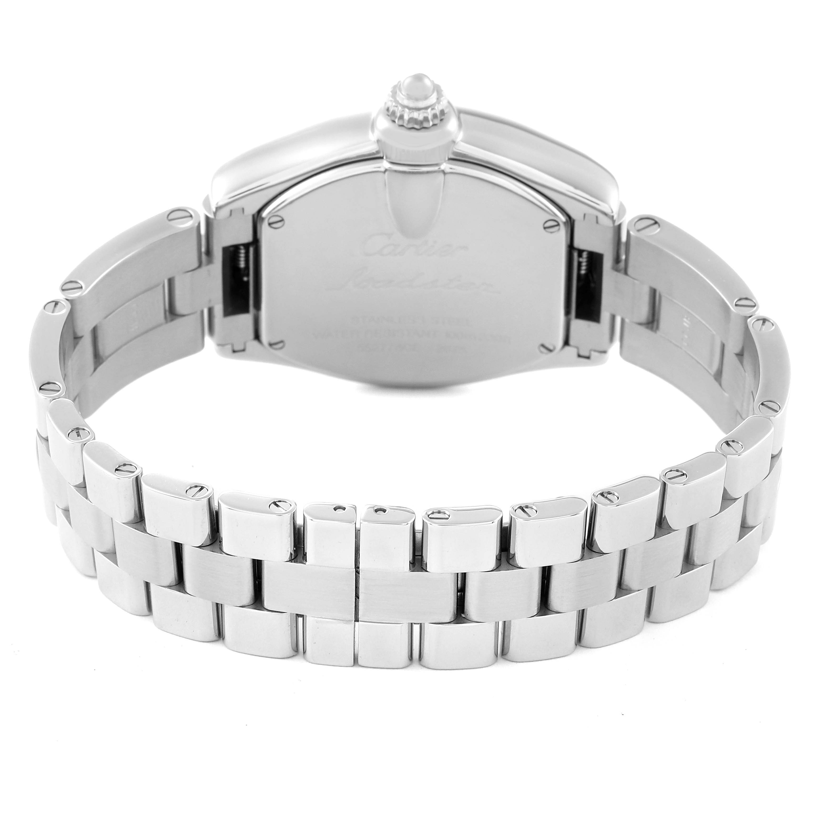 The image shows the back view of the Cartier Roadster W62016V3 Women
s Stainless Steel Silver Dial W62016V3 Women
s Stainless Steel Silver Dial model watch, highlighting the stainless steel bracelet and clasp.