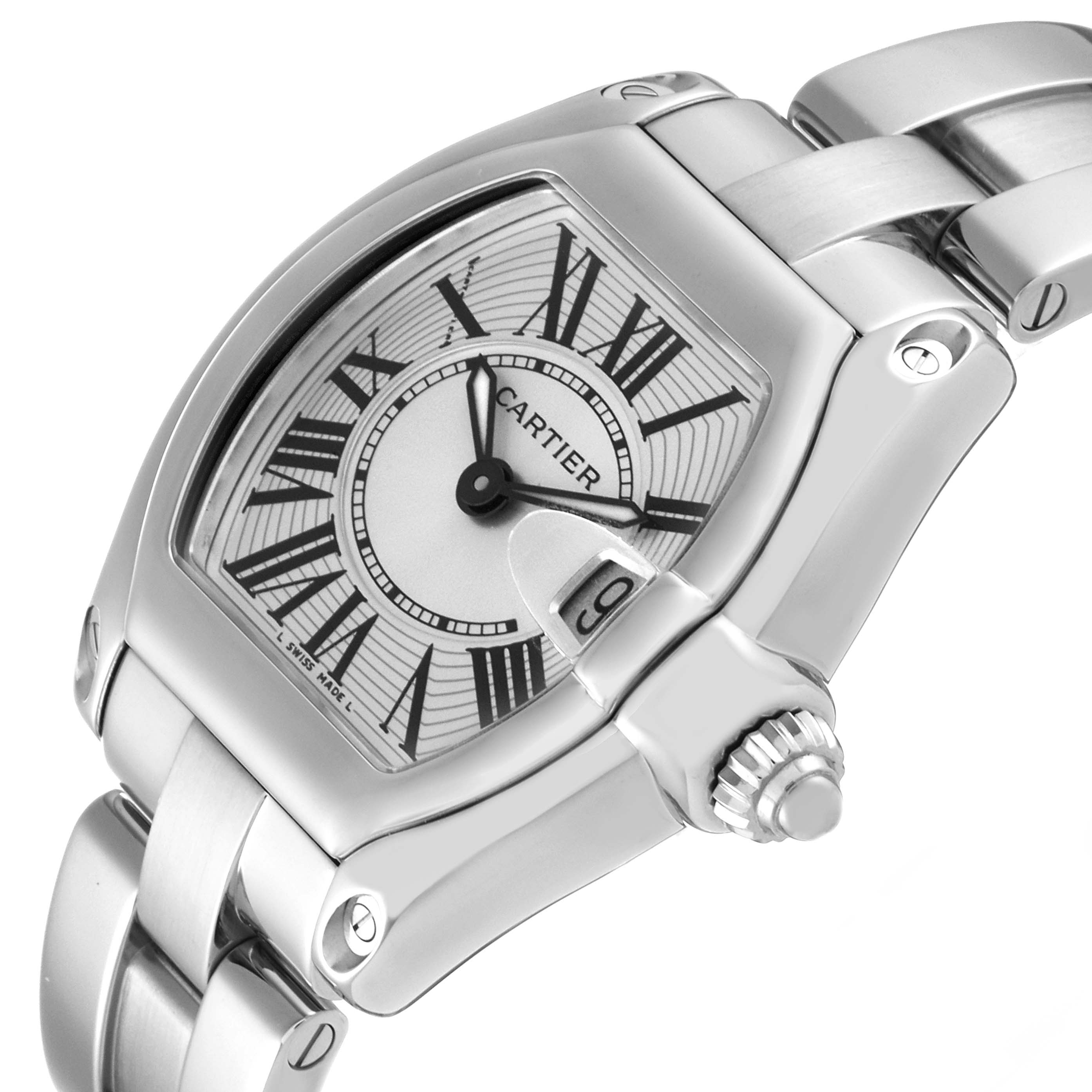 This image shows a close-up angle of the Cartier Roadster W62016V3 Women
s Stainless Steel Silver Dial W62016V3 Women
s Stainless Steel Silver Dial watch highlighting its dial, crown, and part of the bracelet.