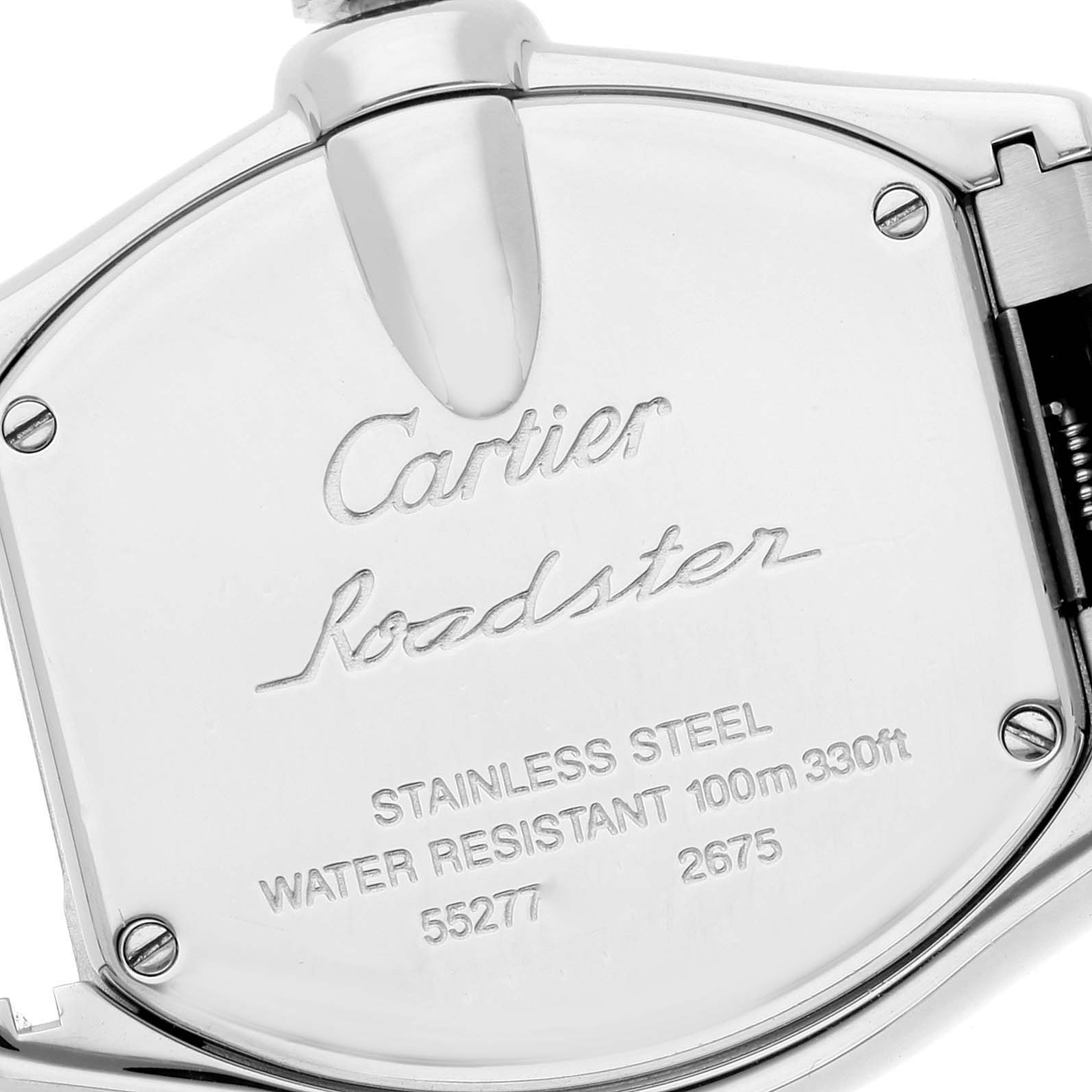 This image shows the back of the Cartier Roadster W62016V3 Women
s Stainless Steel Silver Dial W62016V3 Women
s Stainless Steel Silver Dial watch, featuring branding and specifications engraving.