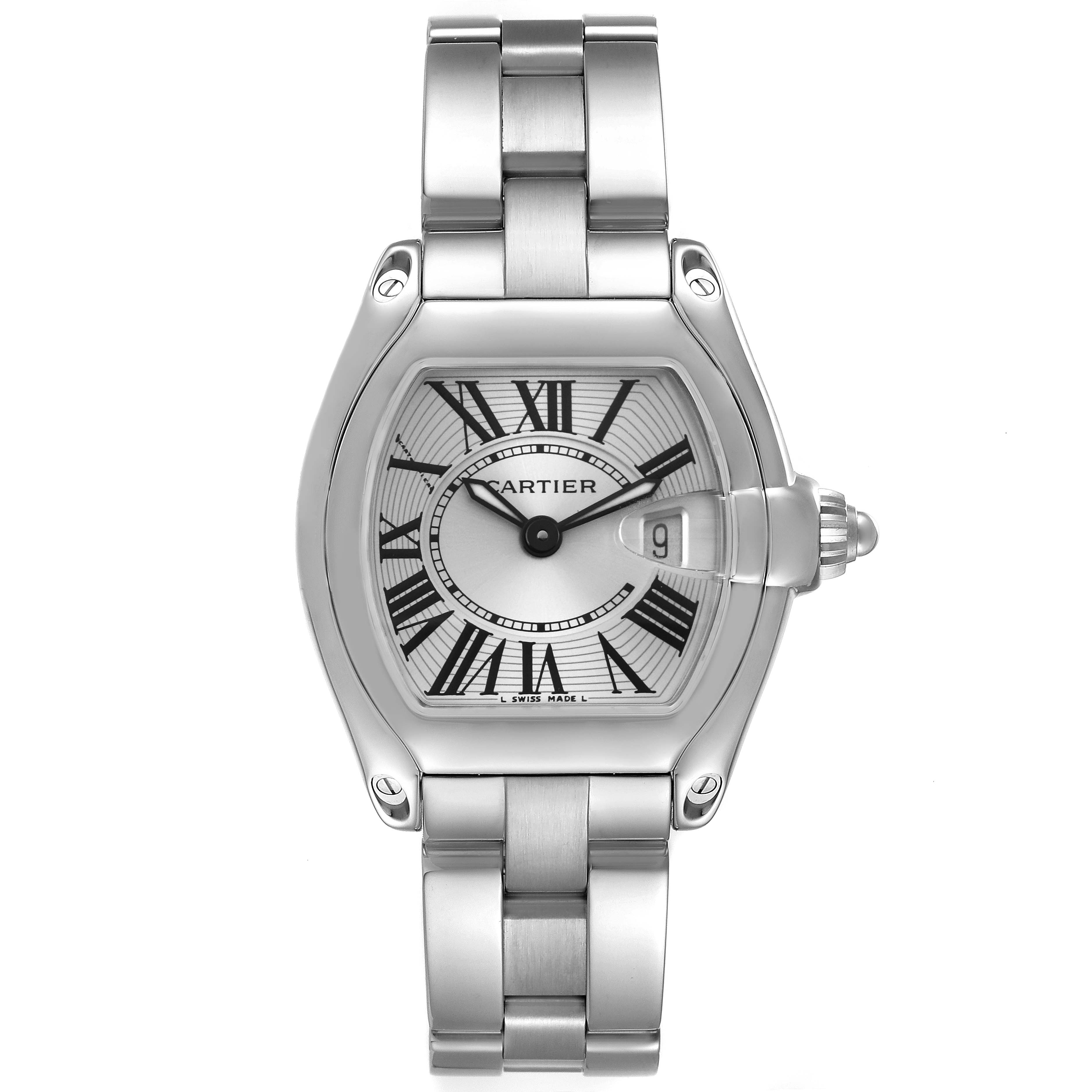 The image shows a front view of the Cartier Roadster W62016V3 Women
s Stainless Steel Silver Dial W62016V3 Women
s Stainless Steel Silver Dial watch, displaying its face, bracelet, and crown.