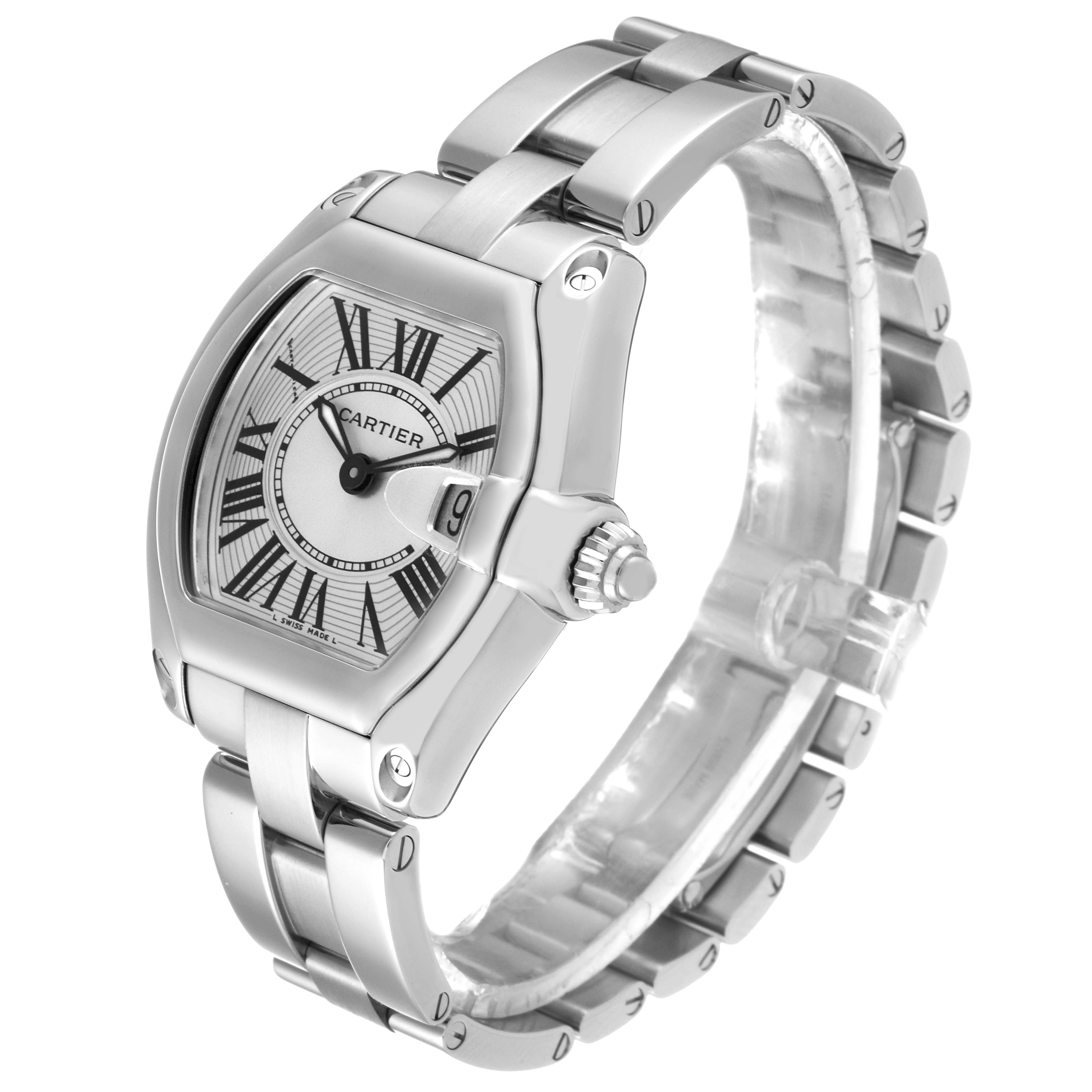 The Cartier Roadster W62016V3 Women
s Stainless Steel Silver Dial W62016V3 Women
s Stainless Steel Silver Dial watch is shown at a three-quarter angle, highlighting its dial, case, bracelet, and crown.