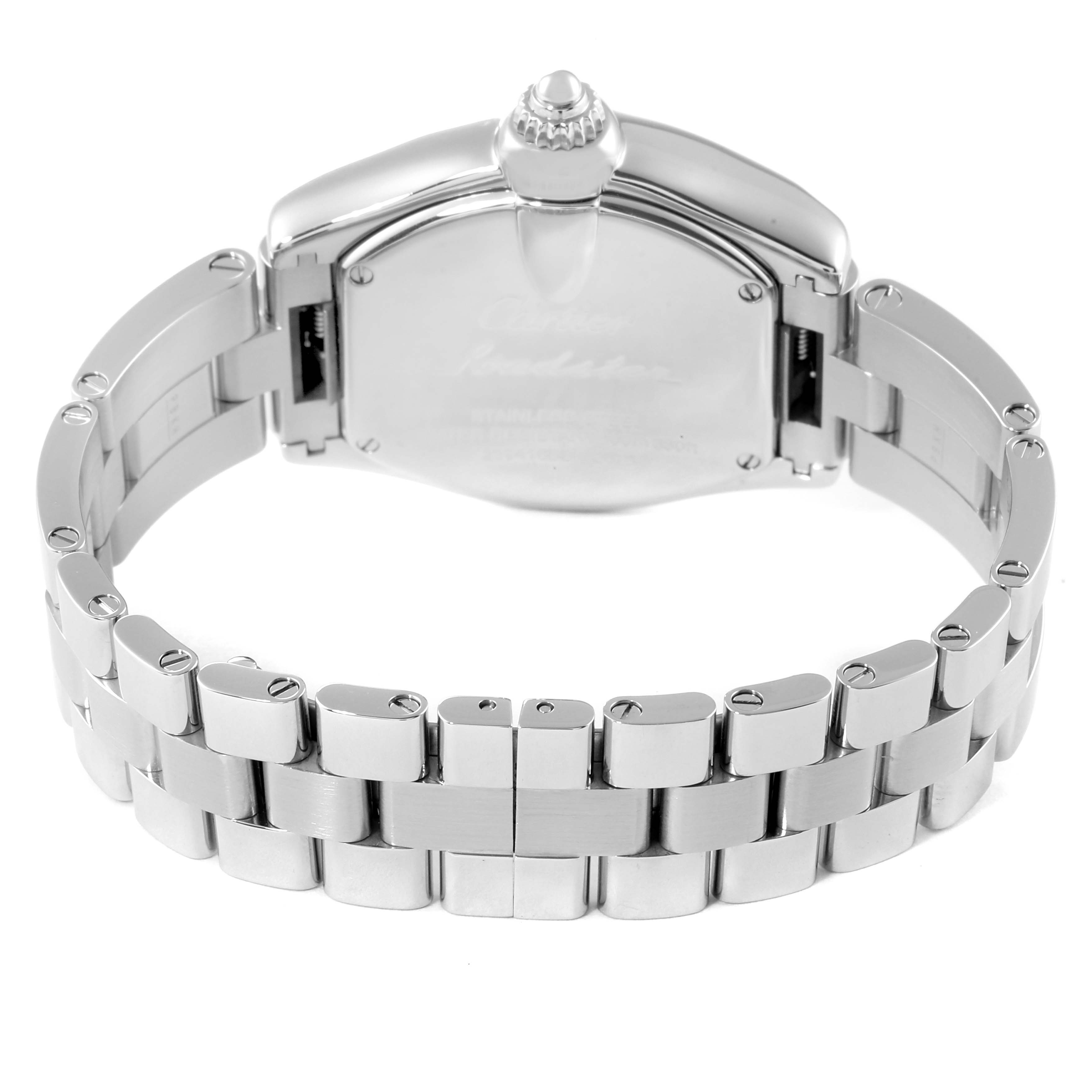 The image shows the Cartier Roadster W62016V3 Women's Stainless Steel Silver Dial W62016V3 Women's Stainless Steel Silver Dial watch from the back, focusing on the bracelet and case back.
