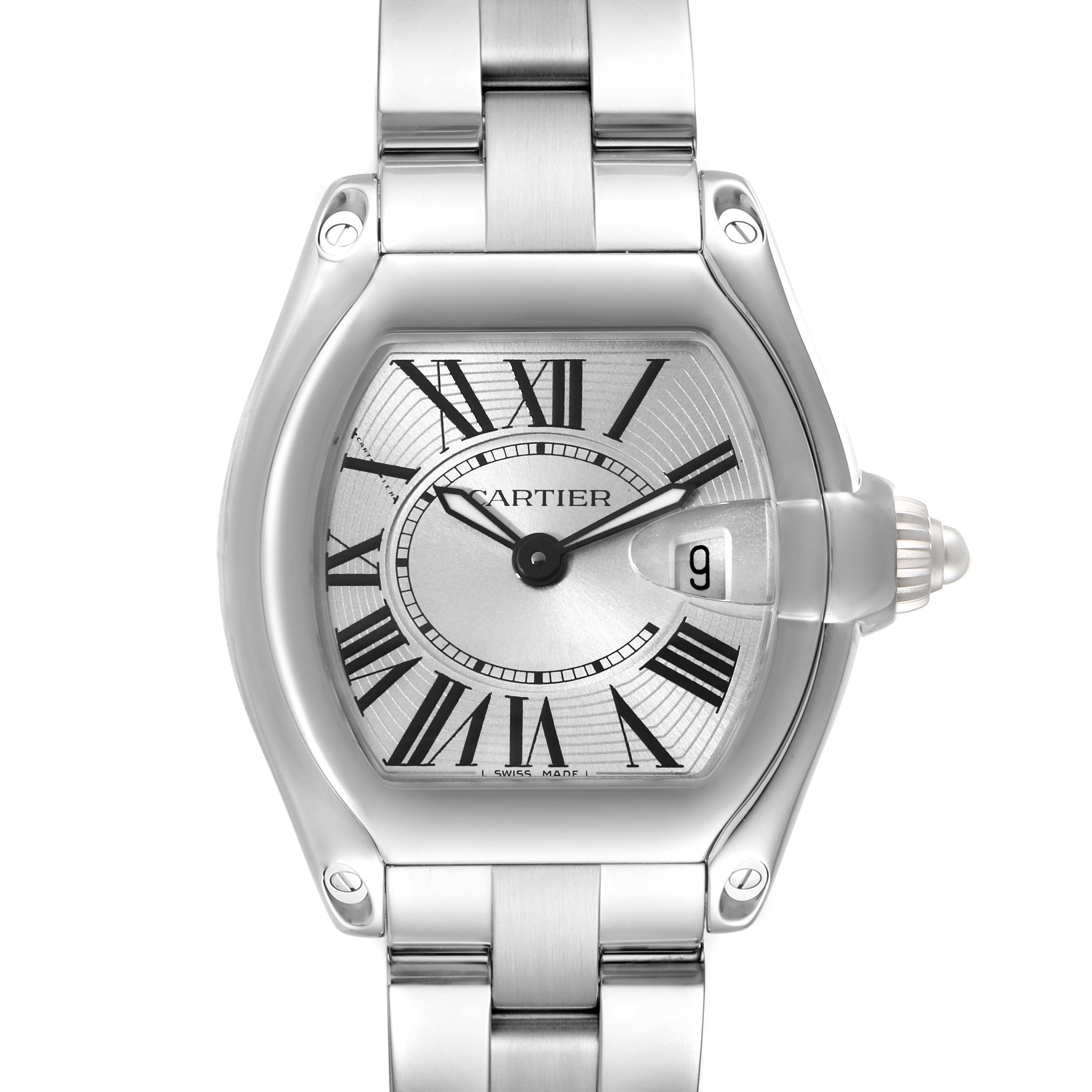 The image shows a front view of the Cartier Roadster W62016V3 Women's Stainless Steel Silver Dial W62016V3 Women's Stainless Steel Silver Dial watch highlighting its dial, Roman numerals, and metal bracelet.