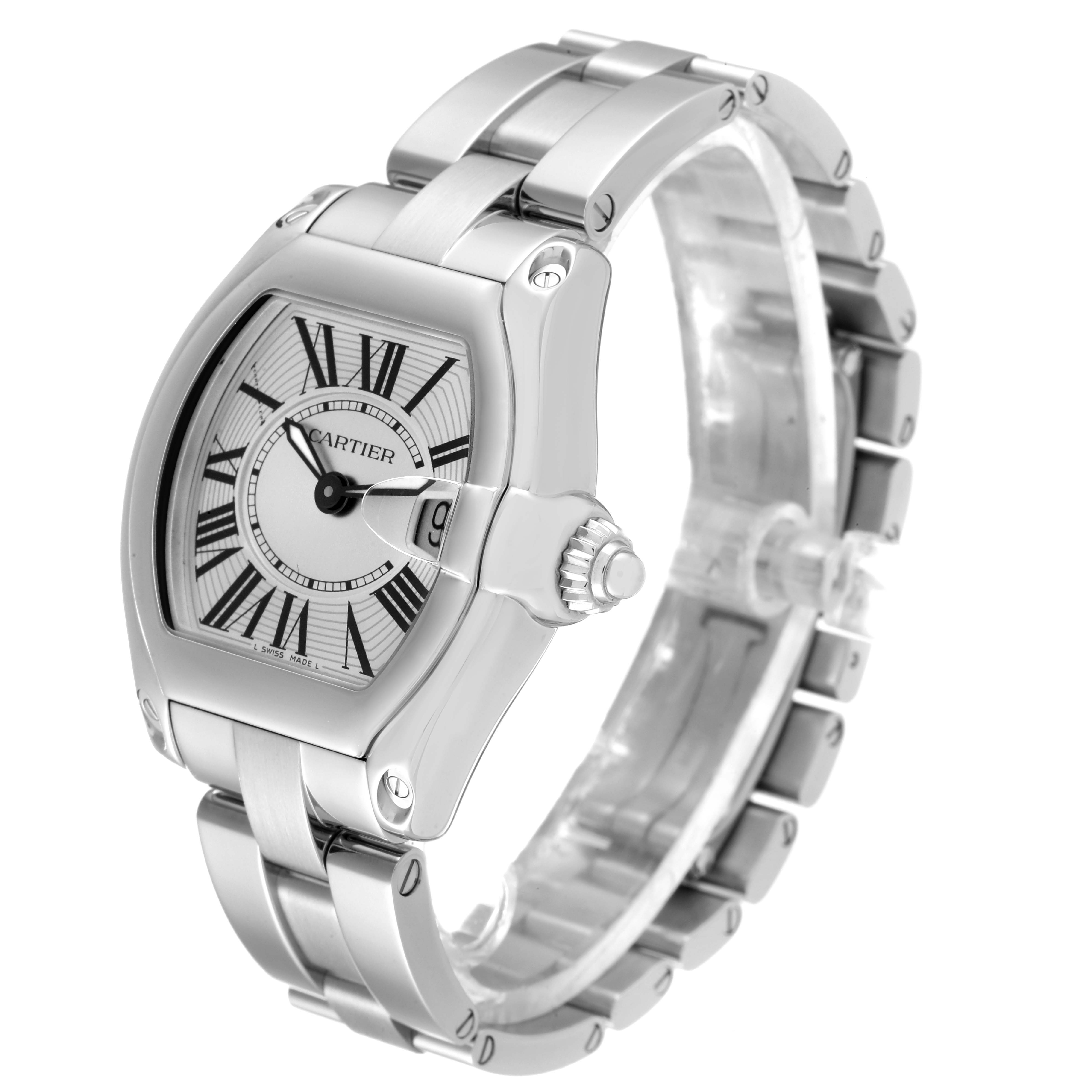 The image shows a Cartier Roadster W62016V3 Women's Stainless Steel Silver Dial W62016V3 Women's Stainless Steel Silver Dial watch at an angled side view, highlighting the dial, bezel, bracelet, and crown.
