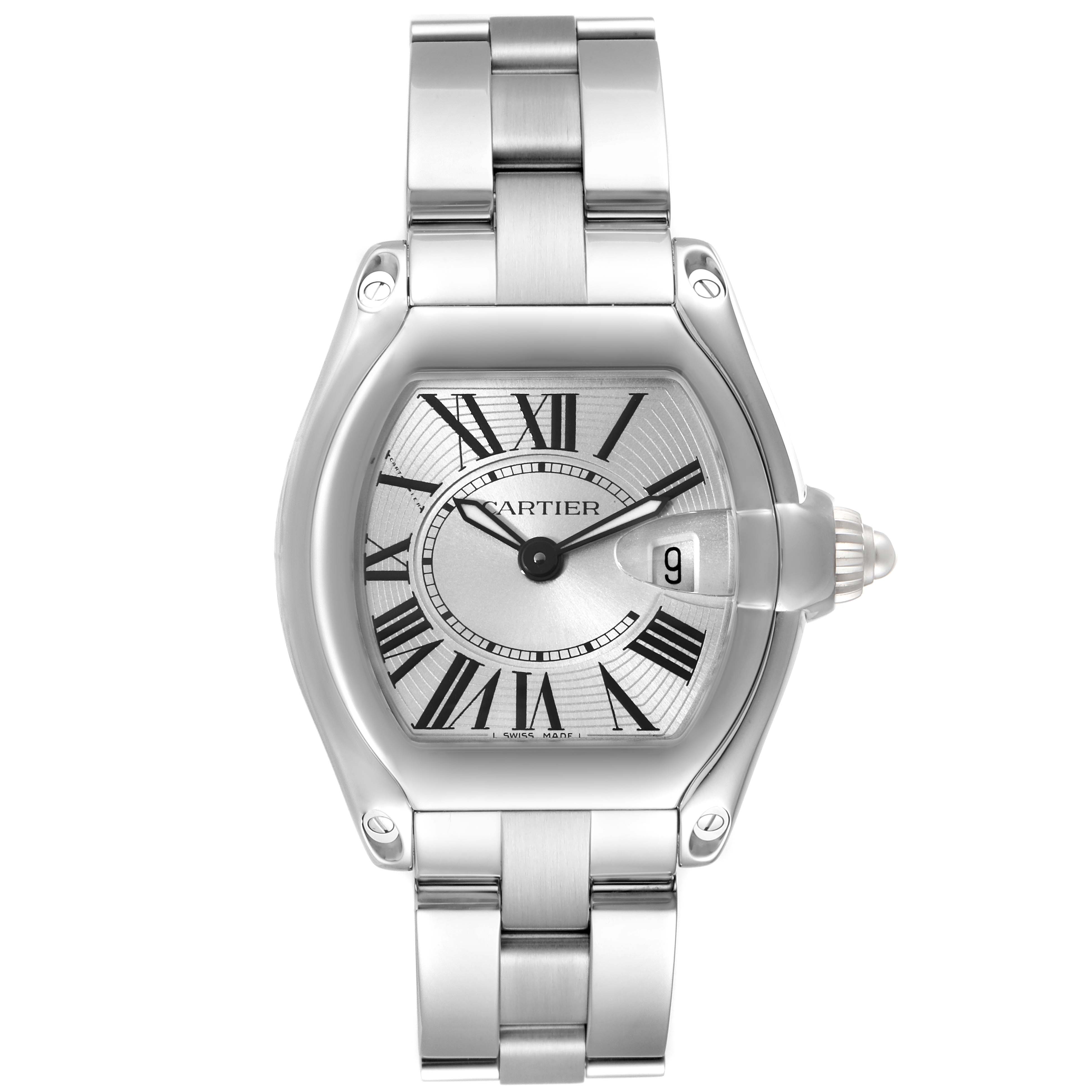 The image shows a front view of a Cartier Roadster W62016V3 Women's Stainless Steel Silver Dial W62016V3 Women's Stainless Steel Silver Dial watch displaying its face, Roman numerals, and metal bracelet.
