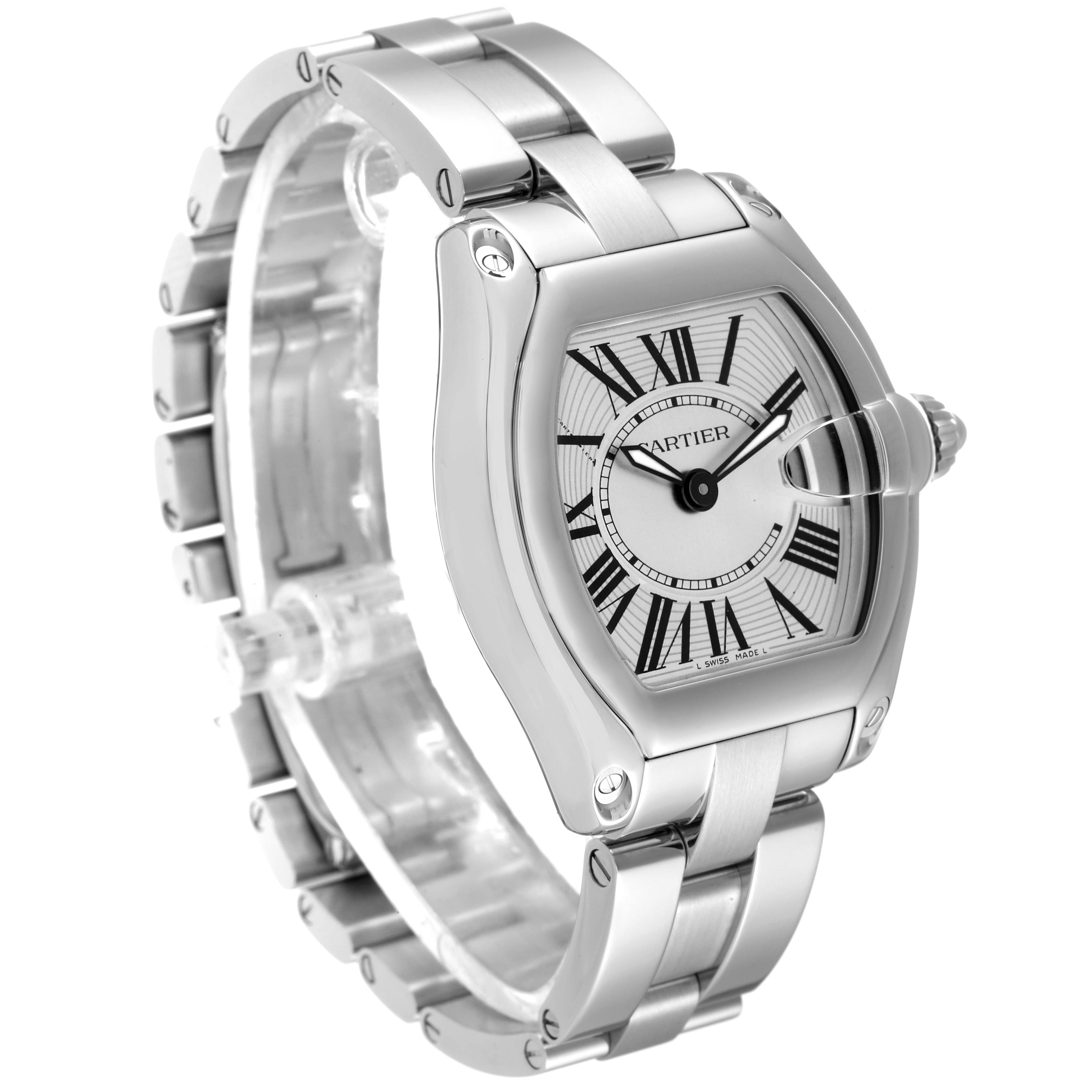 The image shows a Cartier Roadster W62016V3 Women's Stainless Steel Silver Dial W62016V3 Women's Stainless Steel Silver Dial watch at a slight angle, highlighting its face, bezel, and stainless steel bracelet.