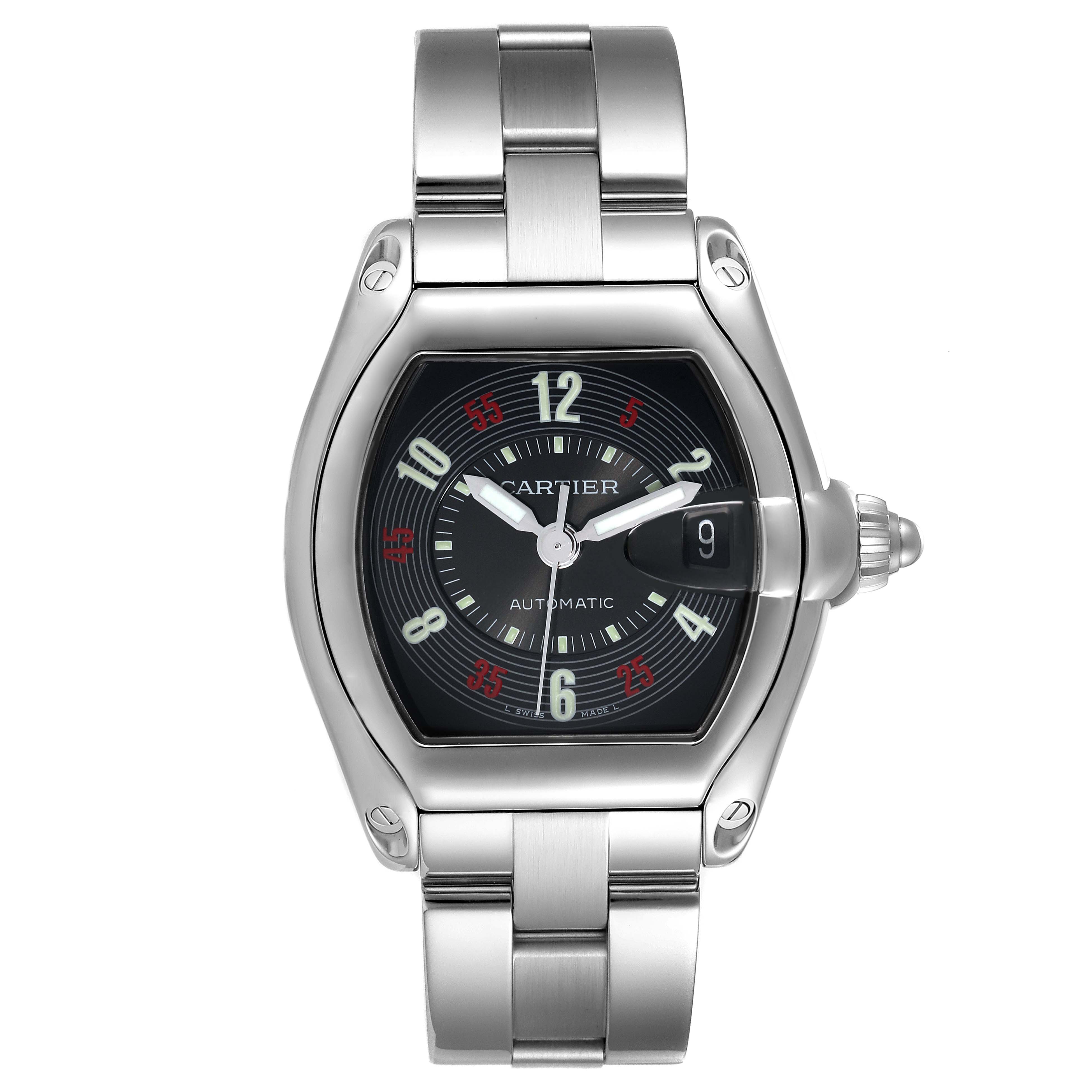 This image shows a front view of the Cartier Roadster W62002V3 Men's Stainless Steel Black Dial W62002V3 Men's Stainless Steel Black Dial watch, displaying its face, bezel, case, and bracelet.