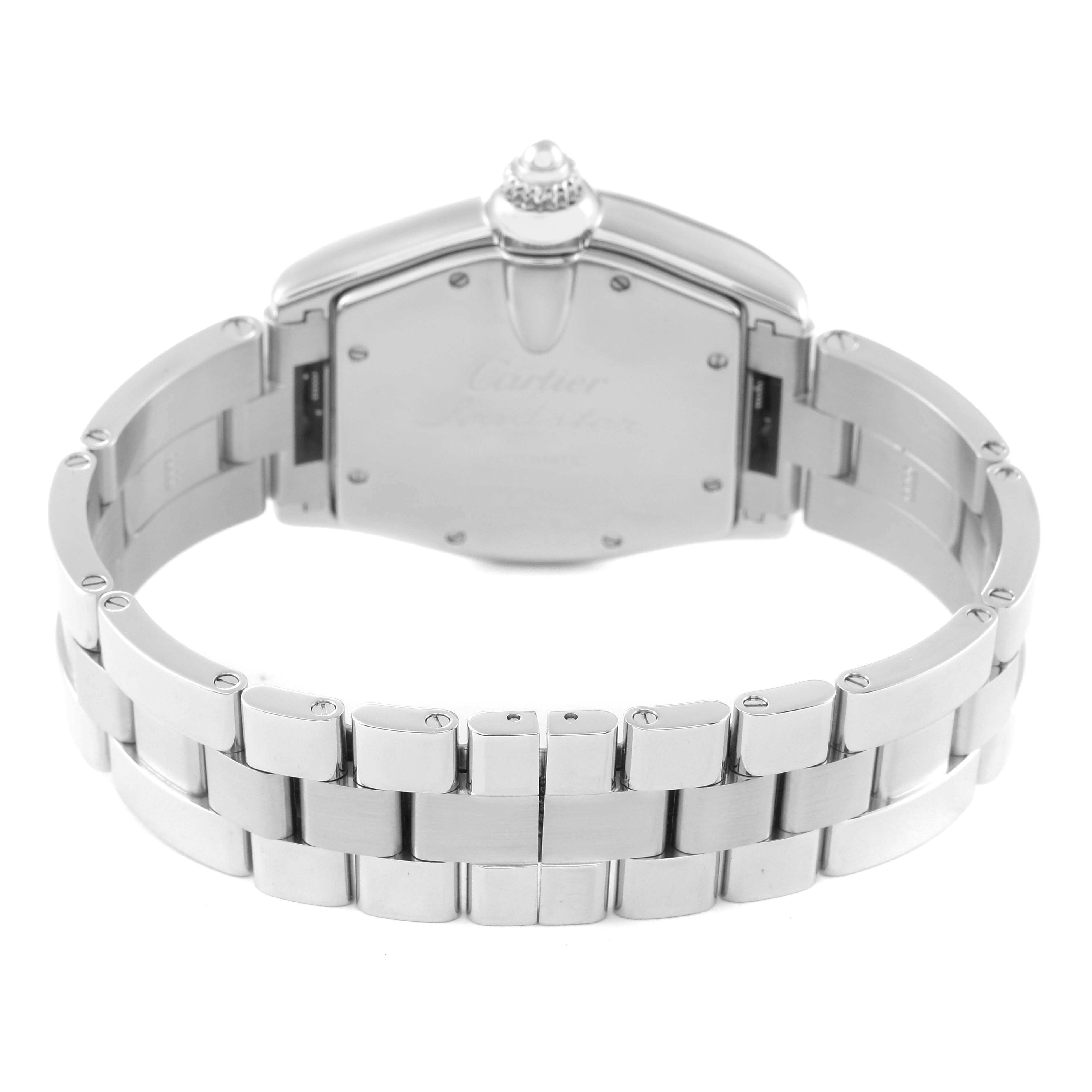 The image shows the back and bracelet of the Cartier Roadster W62002V3 Men's Stainless Steel Black Dial W62002V3 Men's Stainless Steel Black Dial watch with the clasp open.