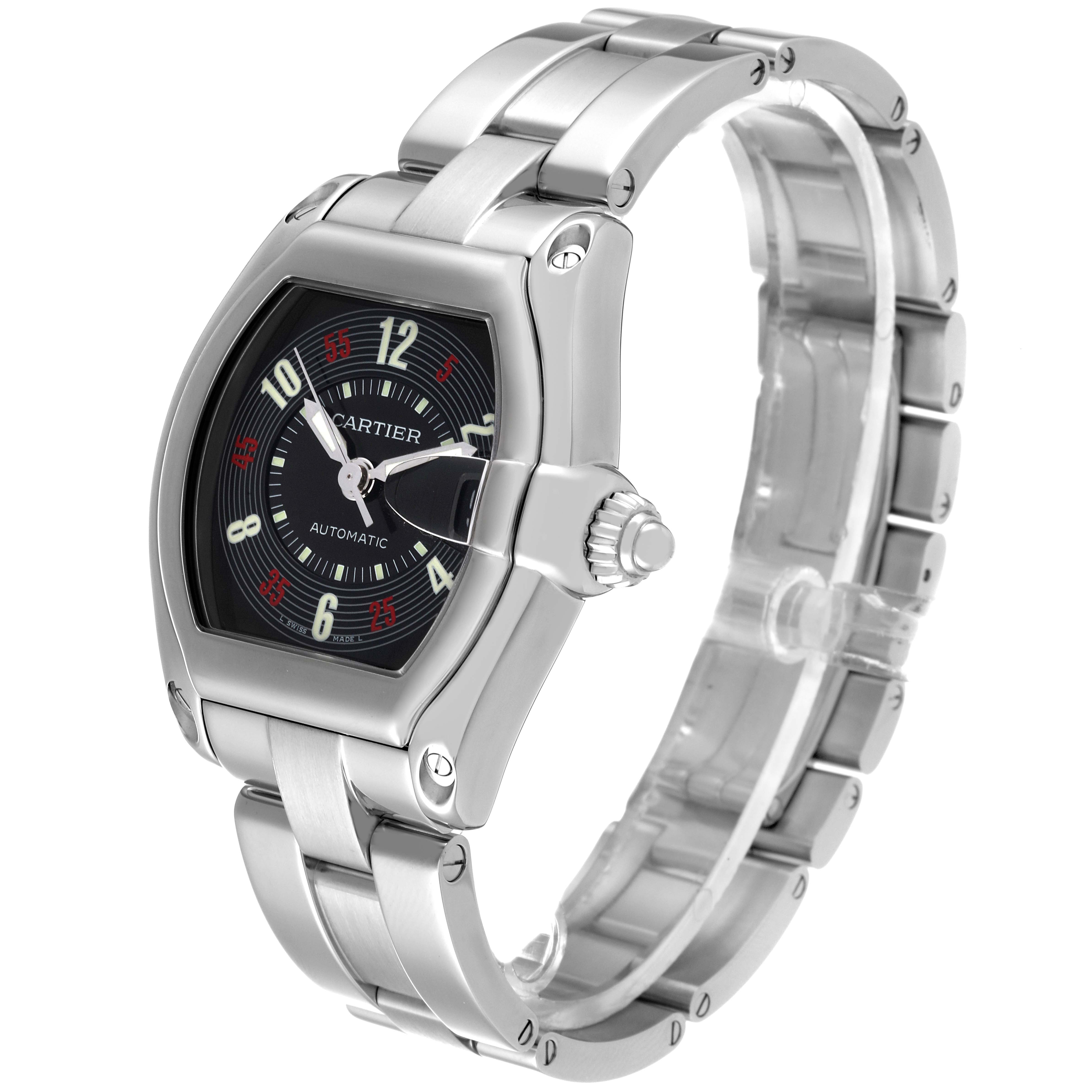This image shows a Cartier Roadster W62002V3 Men's Stainless Steel Black Dial W62002V3 Men's Stainless Steel Black Dial watch from an angled view, highlighting its face, bezel, and bracelet.