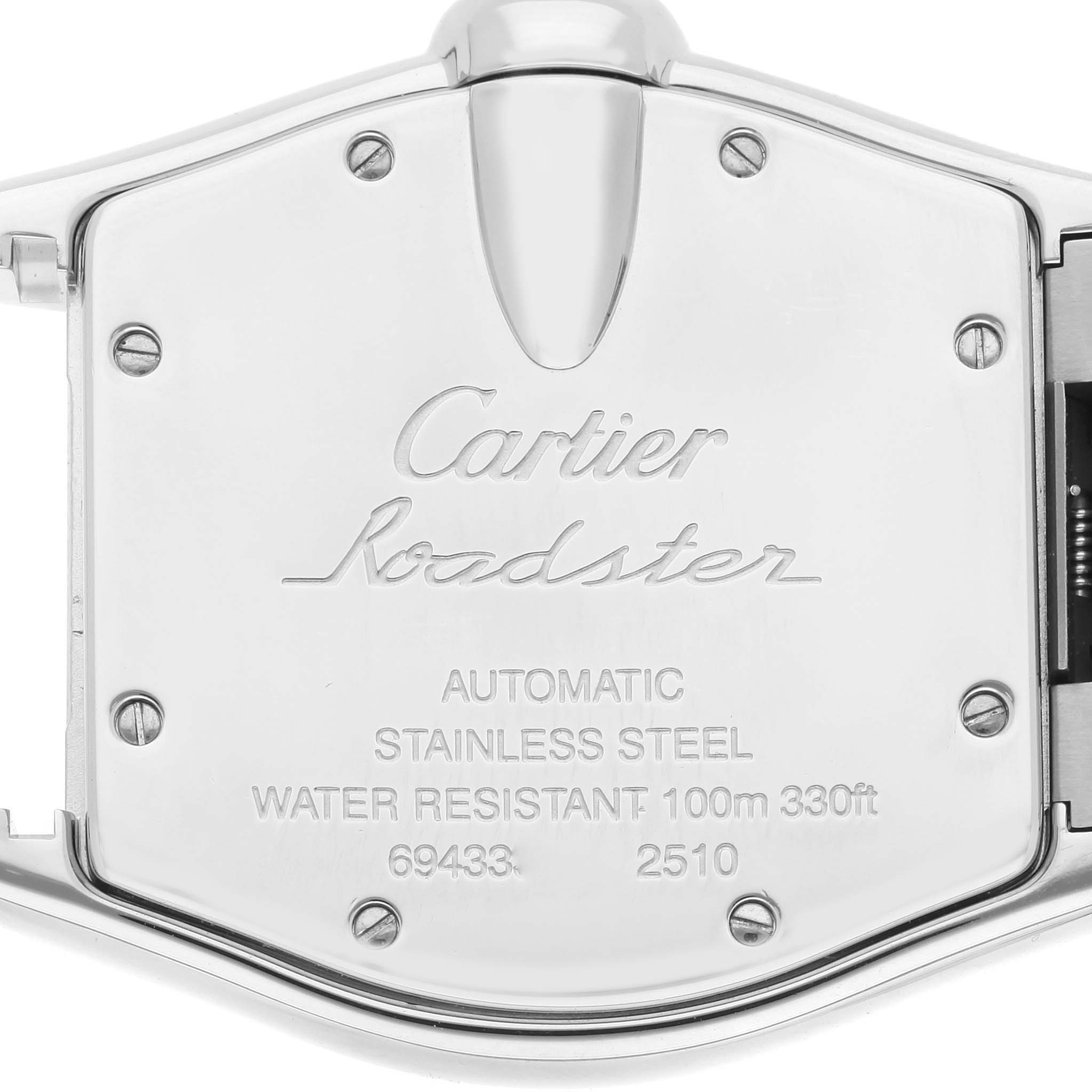 This image shows the back case of a Cartier Roadster W62002V3 Men's Stainless Steel Black Dial W62002V3 Men's Stainless Steel Black Dial watch, displaying model details and specifications.