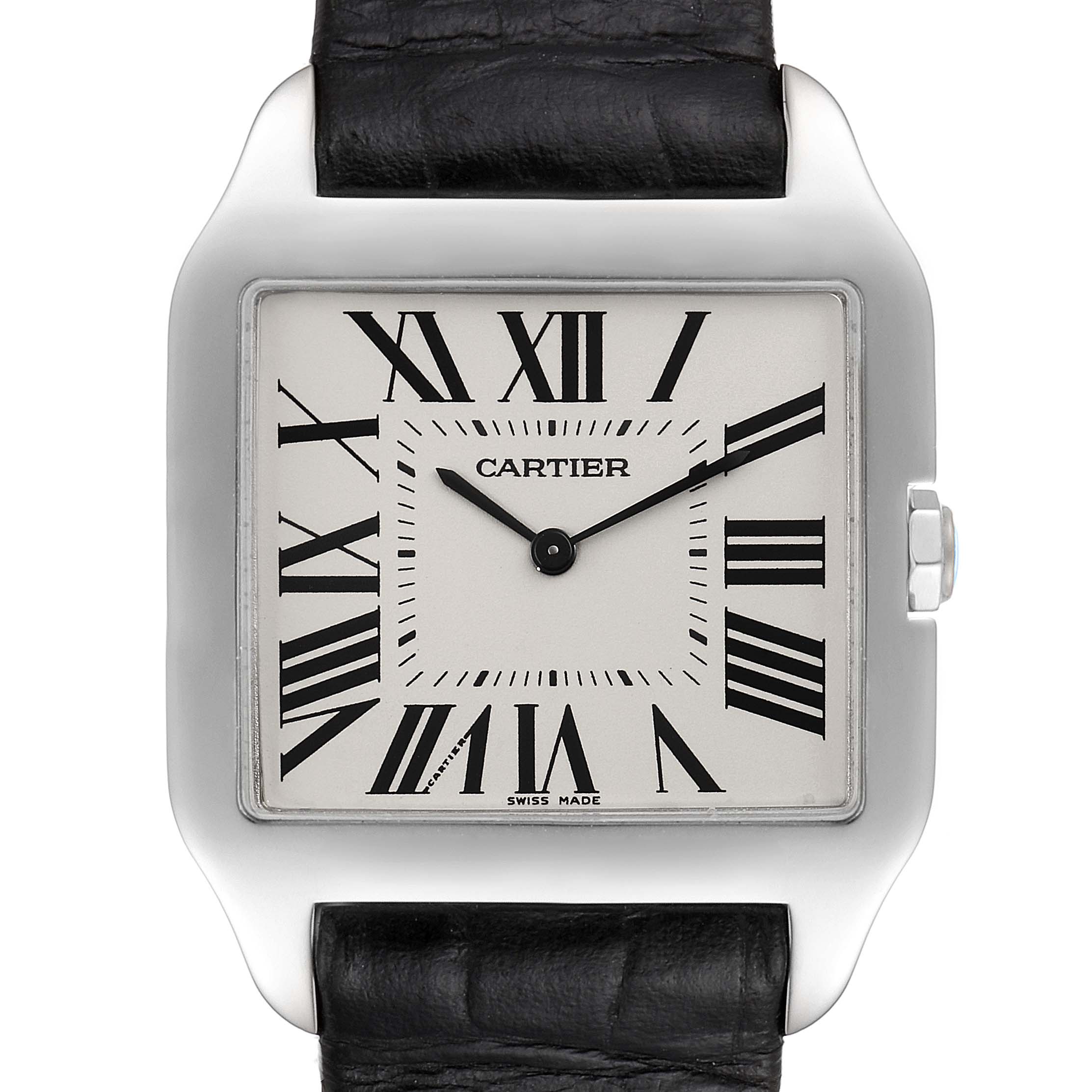 This image shows a front view of the Cartier Santos Dumont W2007051 Men's White Gold Silver Dial W2007051 Men's White Gold Silver Dial watch, displaying the dial, hands, and part of the strap.