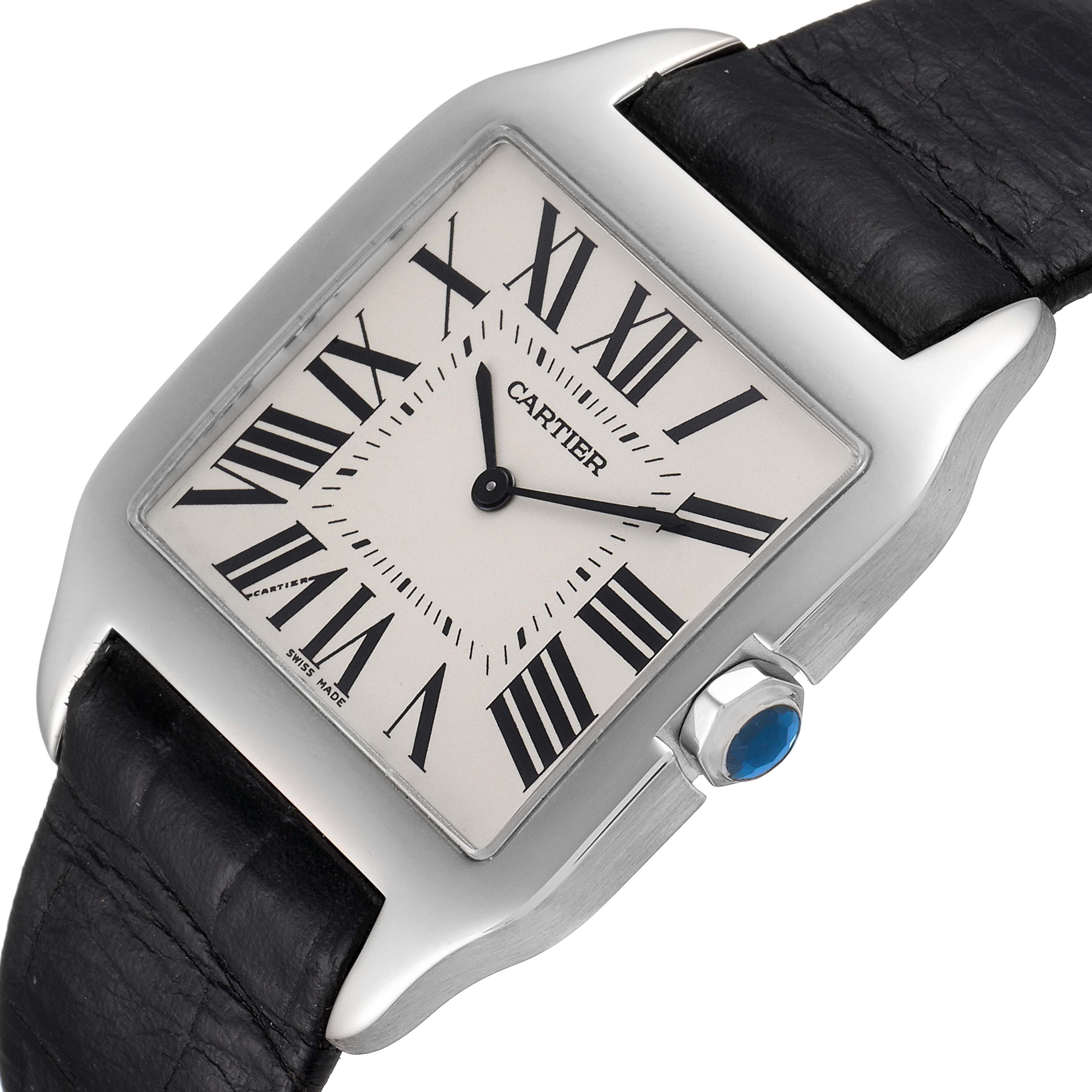 The image shows a close-up view of the Cartier Santos Dumont W2007051 Men's White Gold Silver Dial W2007051 Men's White Gold Silver Dial watch, highlighting the face, Roman numerals, and part of the leather strap.