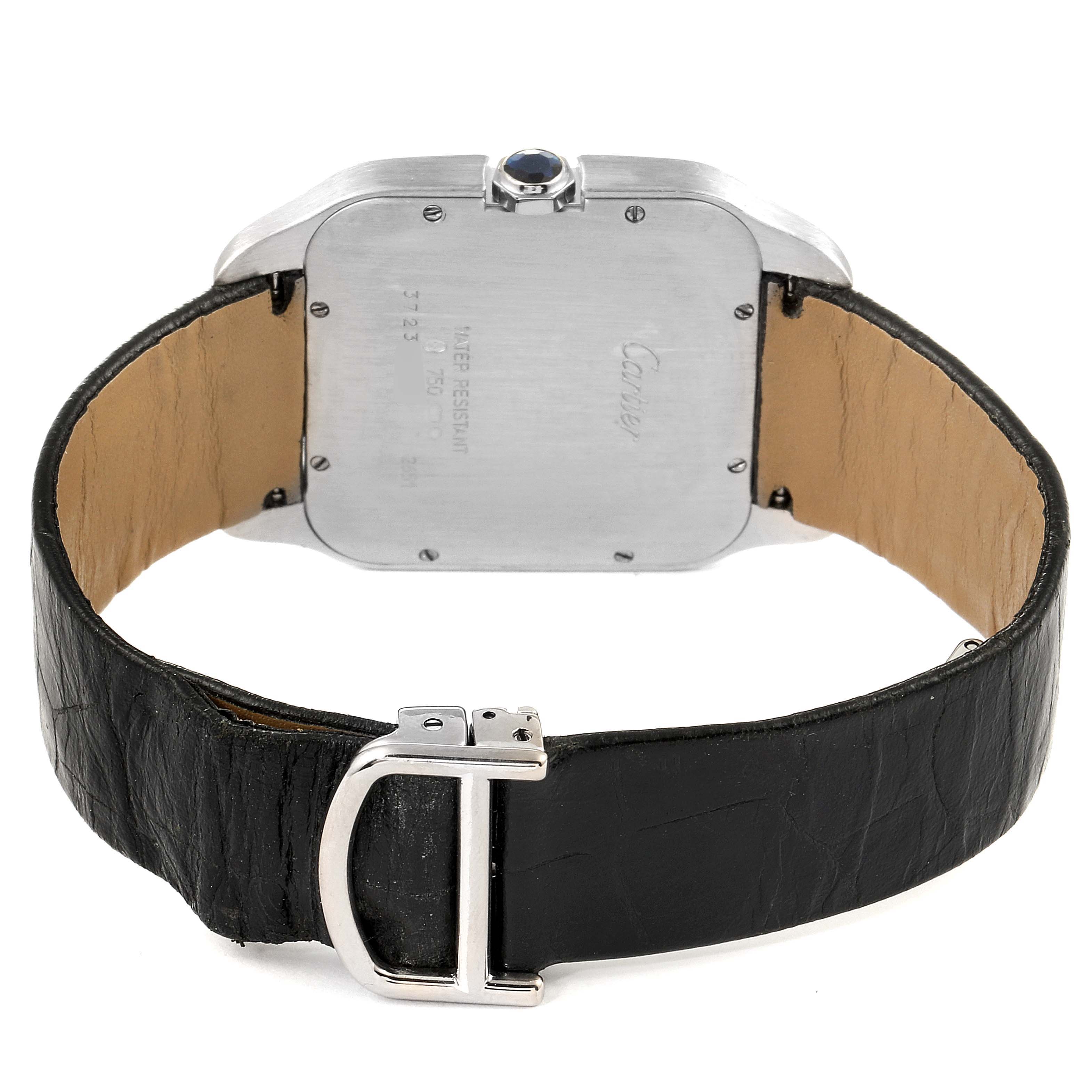 The image shows the back case and strap of a Cartier Santos Dumont W2007051 Men's White Gold Silver Dial W2007051 Men's White Gold Silver Dial watch from a rear angle.