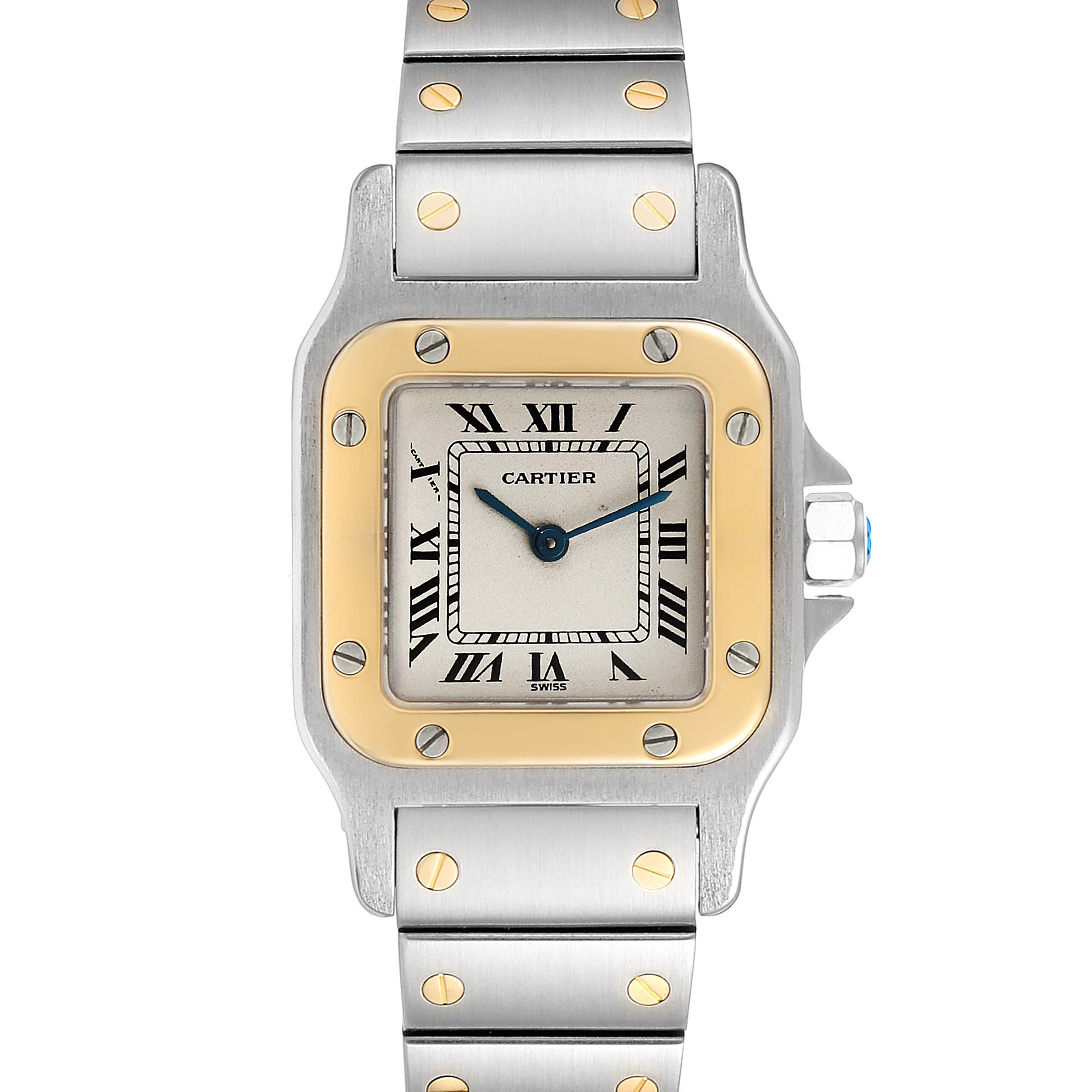 This image shows a front view of the Cartier Santos 166930 Women's Steel and Gold (two tone) Silver Dial 166930 Women's Steel and Gold (two tone) Silver Dial watch, highlighting its square face, Roman numerals, and metal bracelet.