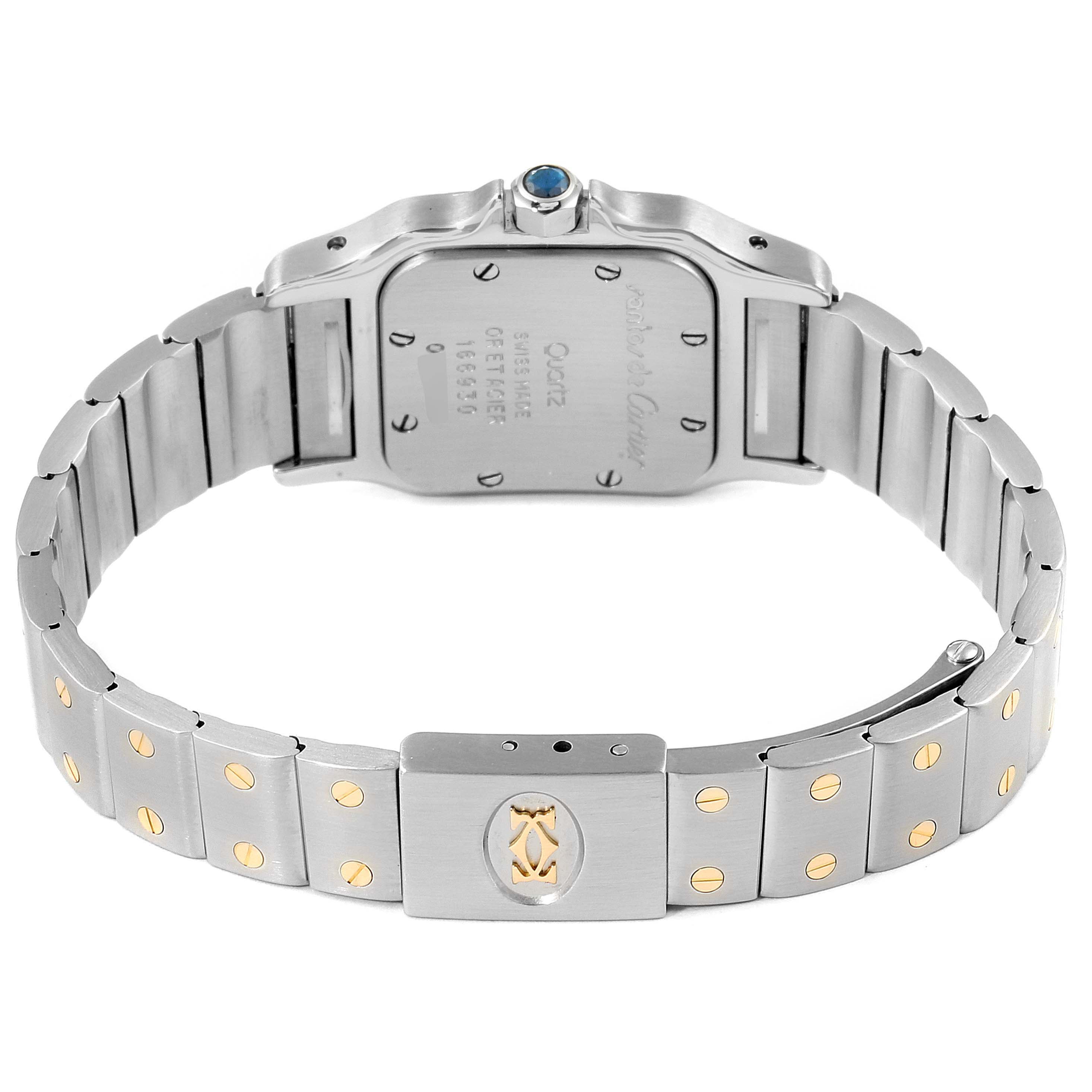 The image shows the back and bracelet of a Cartier Santos 166930 Women's Steel and Gold (two tone) Silver Dial 166930 Women's Steel and Gold (two tone) Silver Dial watch from a straight-on angle.