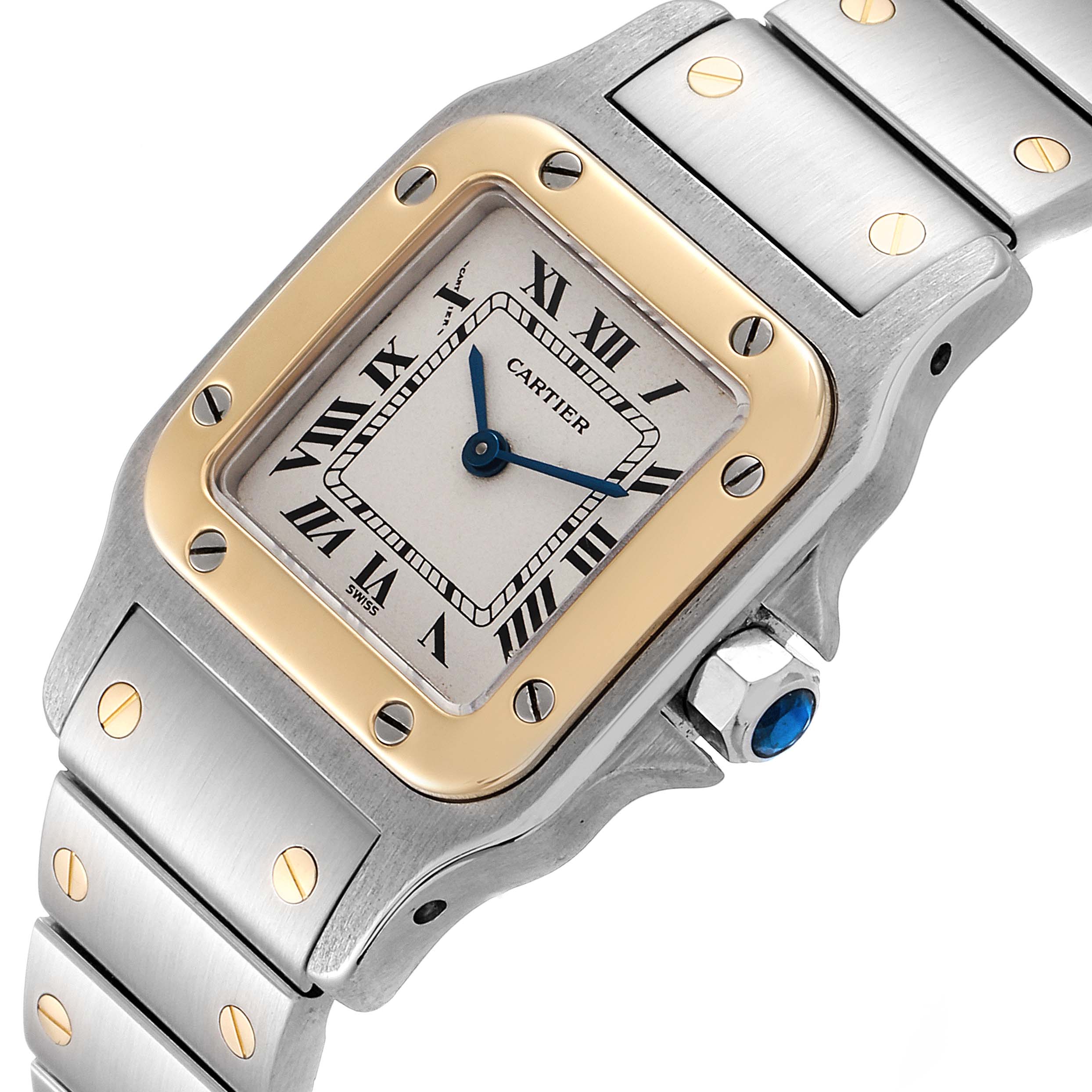 The image shows a close-up angle of the Santos model by Cartier, highlighting its face, bezel, crown, and part of the bracelet.