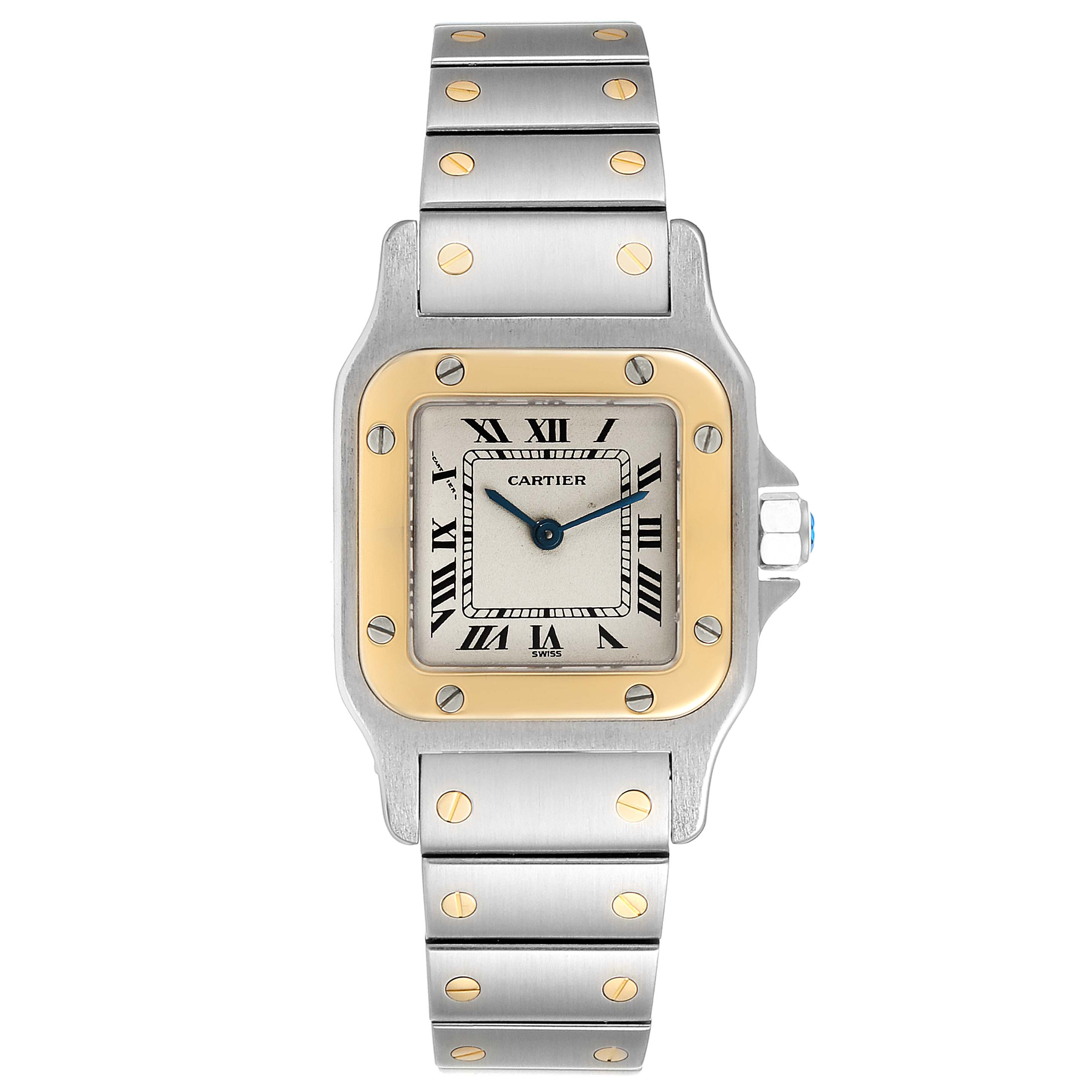 The image shows a front view of a Cartier Santos 166930 Women's Steel and Gold (two tone) Silver Dial 166930 Women's Steel and Gold (two tone) Silver Dial watch, displaying its square dial, metal bracelet, and gold screws on the bezel.