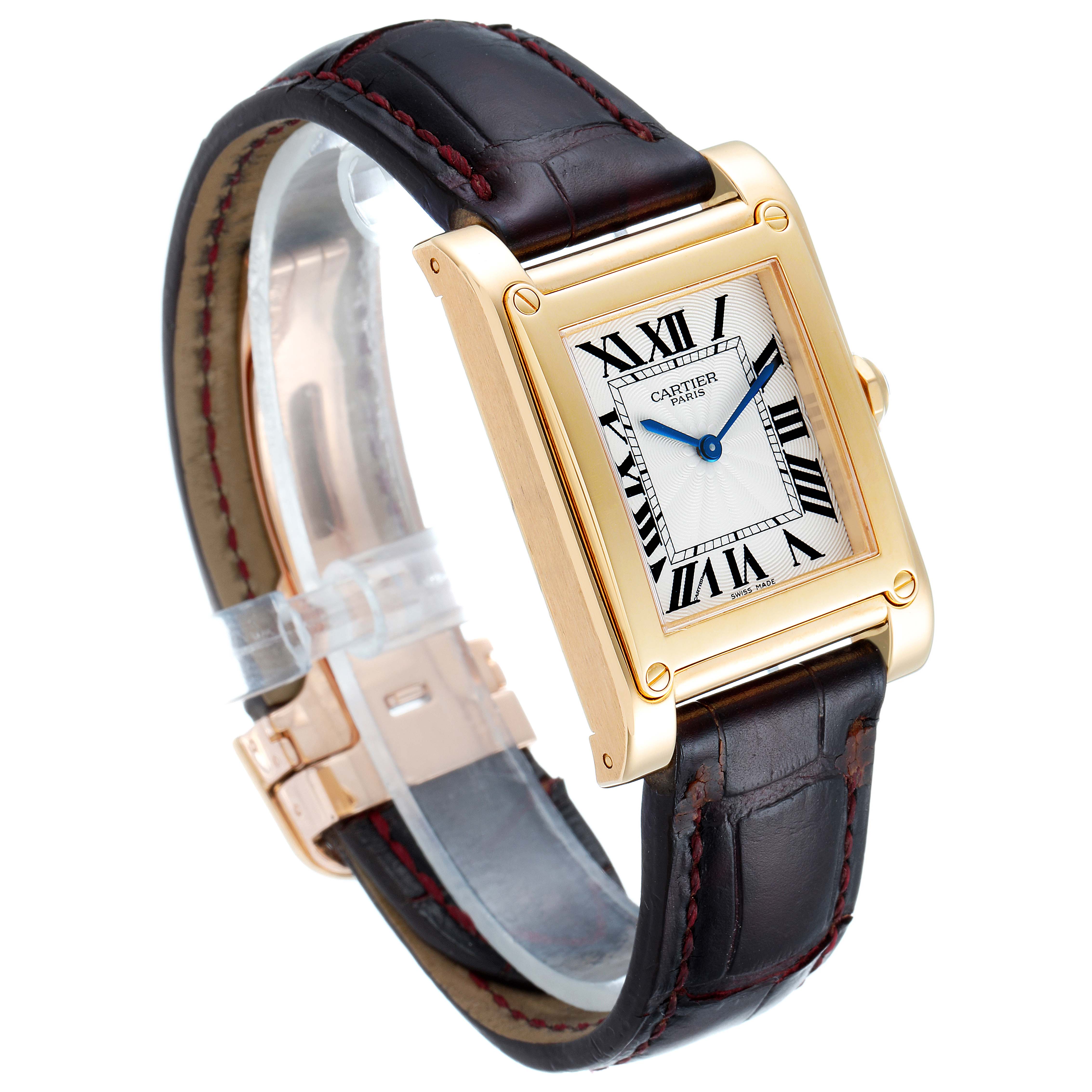 The image shows a side-front angle of a Cartier Tank A Vis W1539951 Men's Yellow Gold Silver Dial W1539951 Men's Yellow Gold Silver Dial watch, highlighting its face, case, and leather strap.