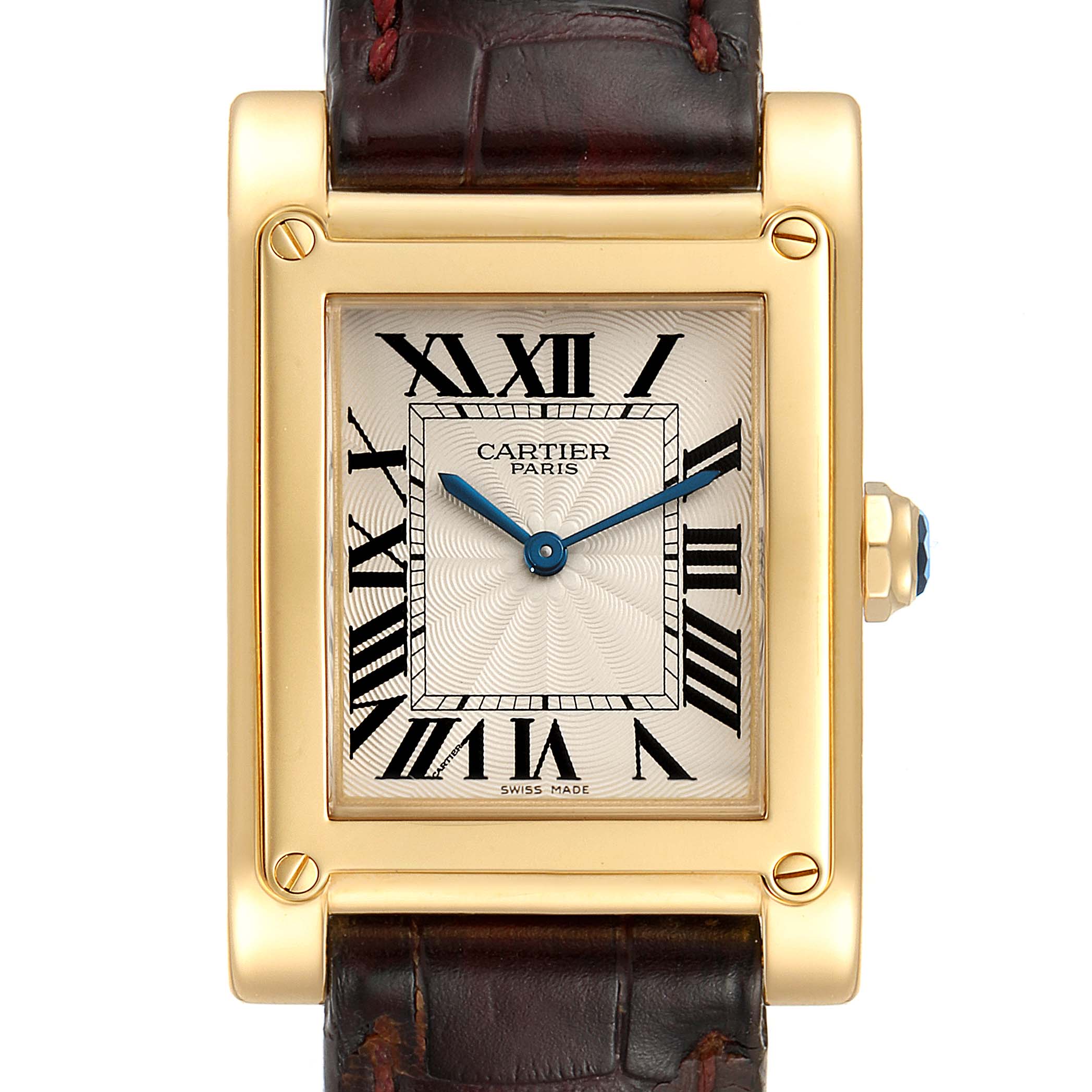 This image shows a top-front view of a Cartier Tank A Vis W1539951 Men's Yellow Gold Silver Dial W1539951 Men's Yellow Gold Silver Dial model with a rectangular face and leather strap.