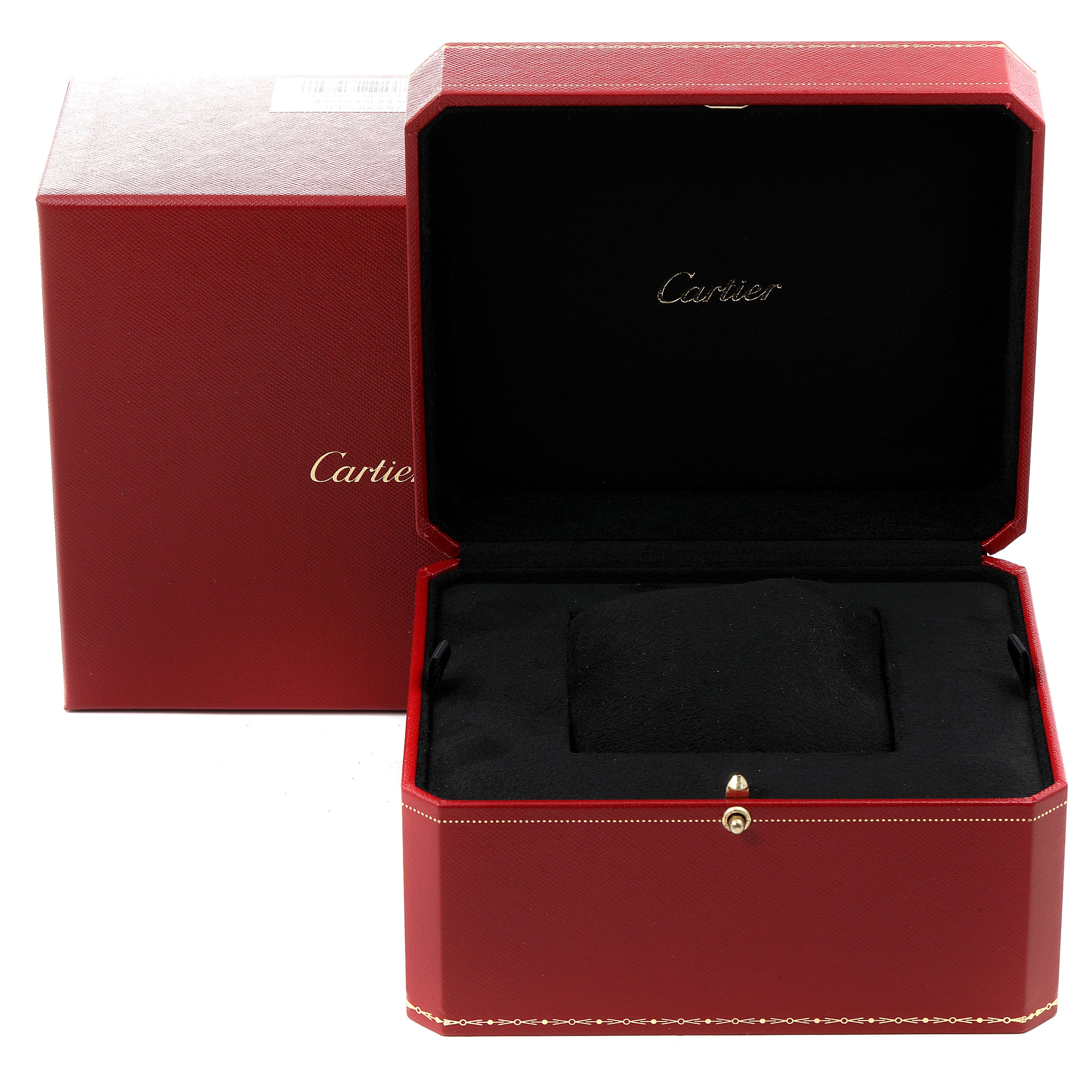 The image shows the open presentation box for a Cartier Tank A Vis W1539951 Men's Yellow Gold Silver Dial W1539951 Men's Yellow Gold Silver Dial watch, with the box lid and cushion visible.
