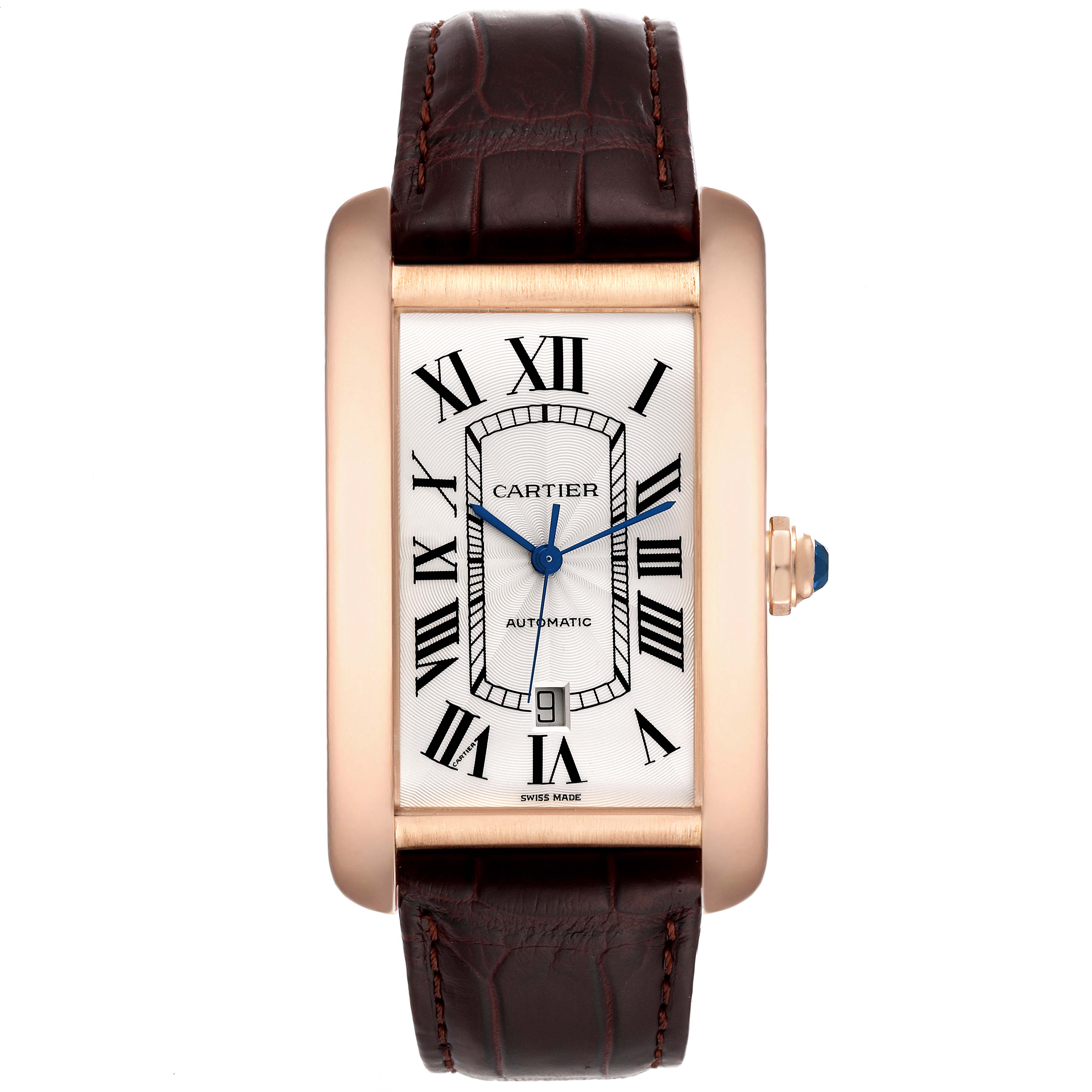The image shows a front view of a Cartier Tank Americaine W2609856 Men
s Rose Gold Silver Dial W2609856 Men
s Rose Gold Silver Dial watch, highlighting the face, strap, and crown.