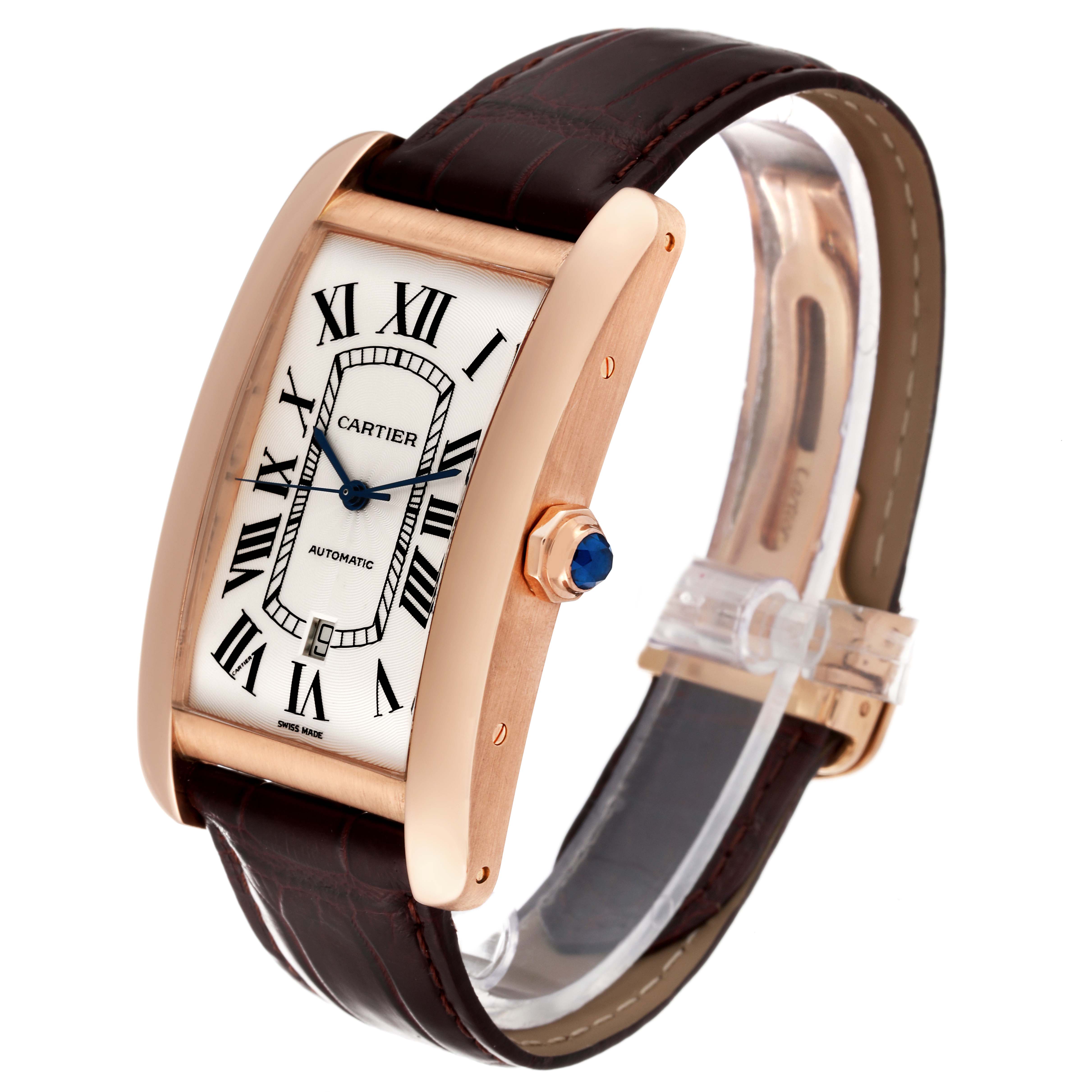 The image shows a Tank Americaine model by Cartier at an angled side view, highlighting the Roman numeral dial, rose gold case, and leather strap.