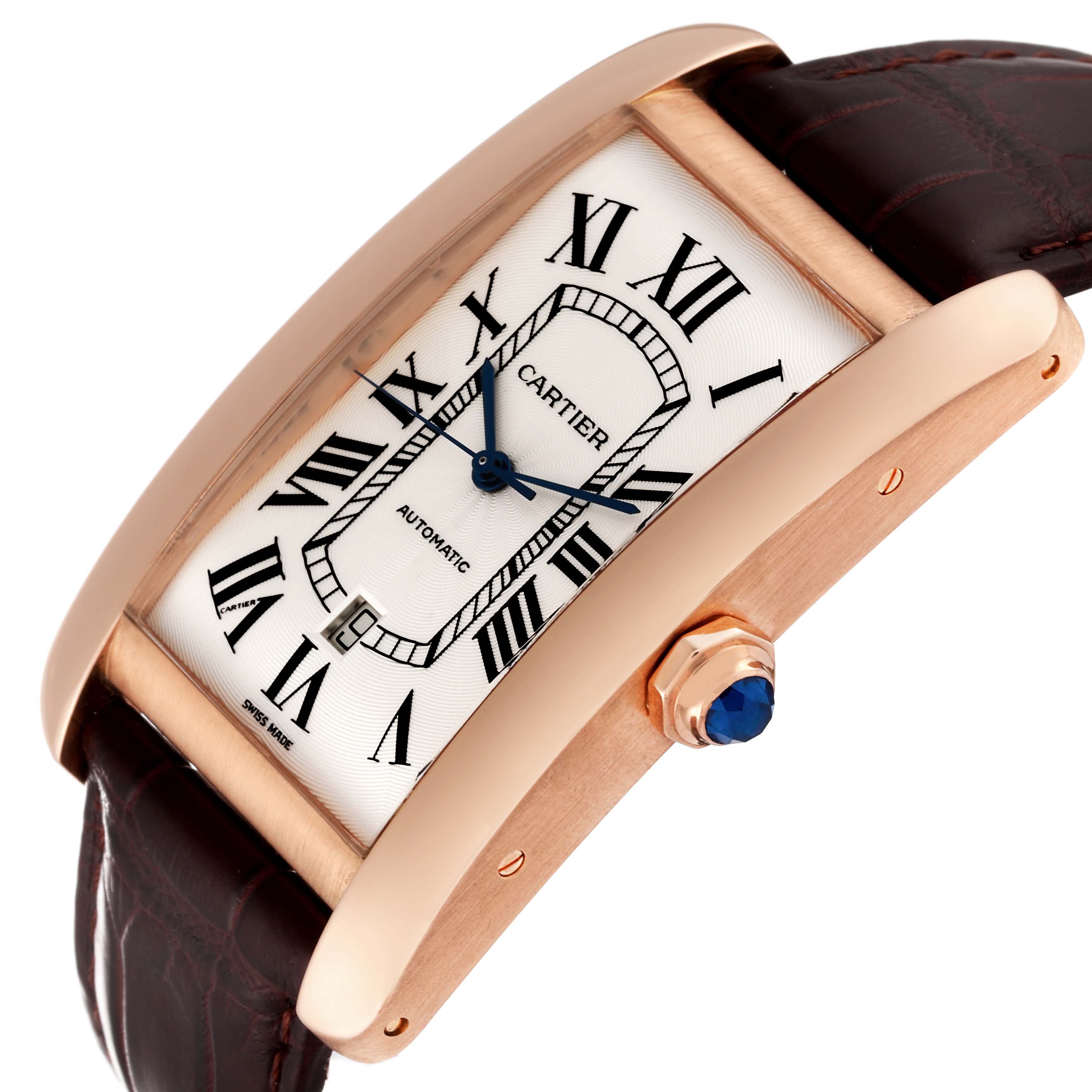 The image shows a side angle of the Cartier Tank Americaine W2609856 Men
s Rose Gold Silver Dial W2609856 Men
s Rose Gold Silver Dial watch, highlighting the dial, case, crown, and leather strap.