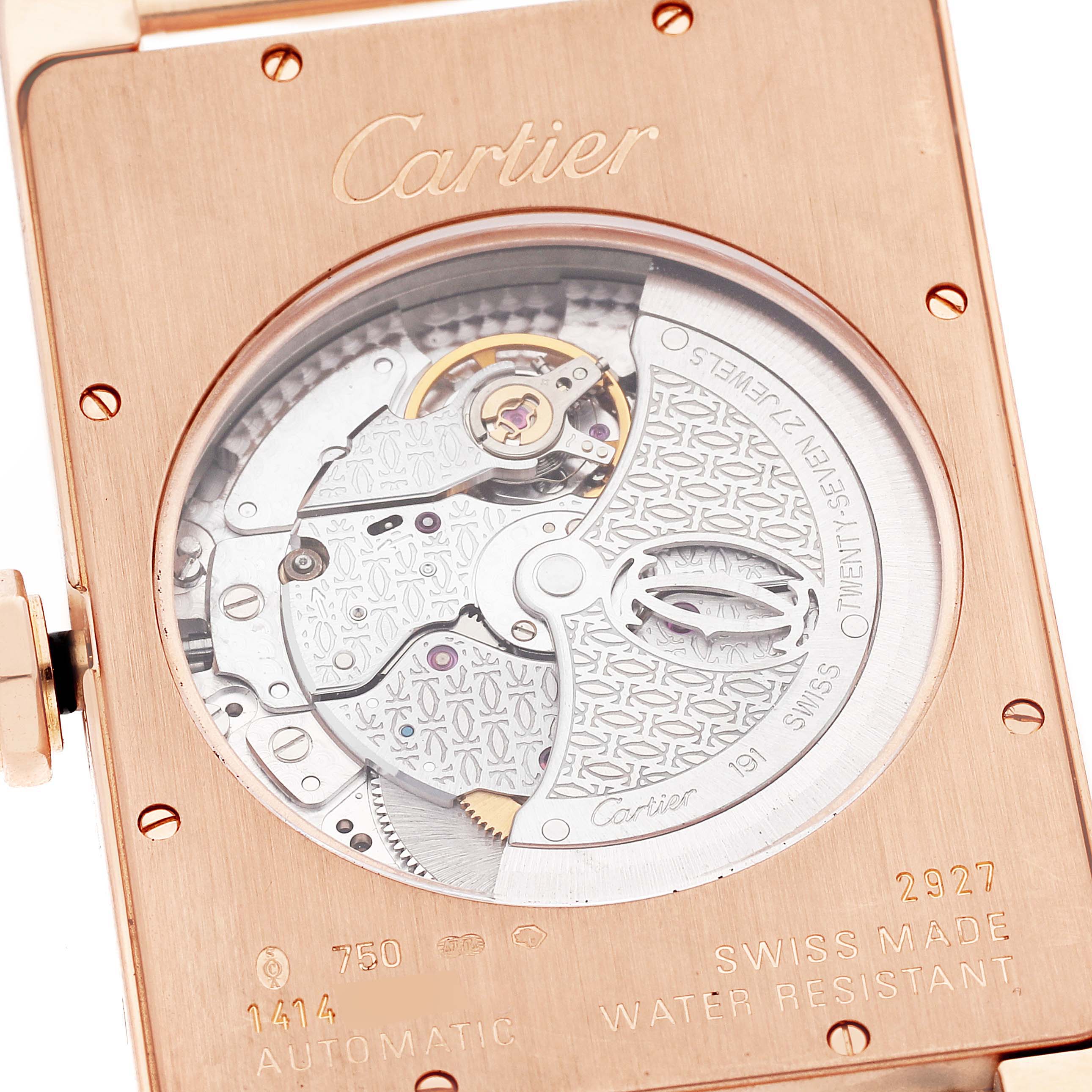 This image shows the back view of the Cartier Tank Américaine watch, revealing its automatic movement and internal mechanics.