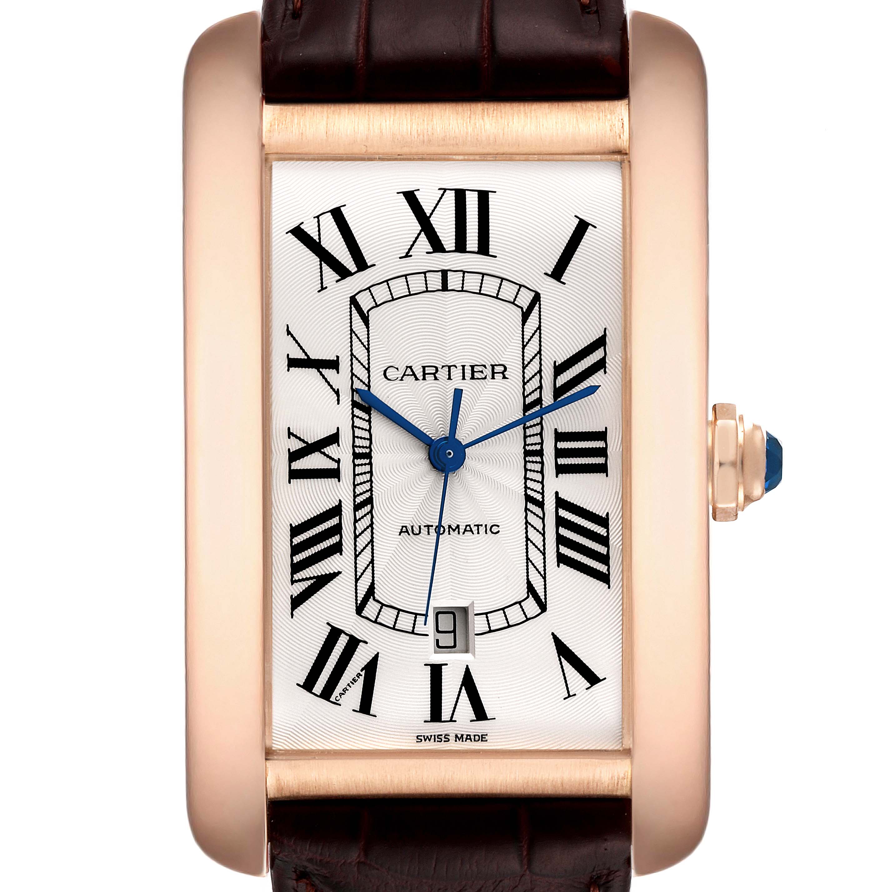 The Cartier Tank Americaine W2609856 Men
s Rose Gold Silver Dial W2609856 Men
s Rose Gold Silver Dial watch is shown from the front, displaying the face, dial, hands, and crown with a blue cabochon.