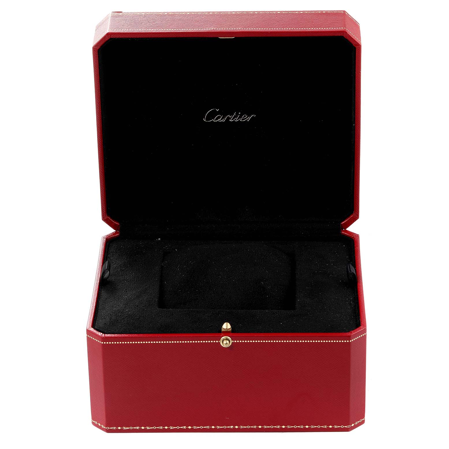 The image shows the open case for a Cartier Tank Americaine W2609856 Men
s Rose Gold Silver Dial W2609856 Men
s Rose Gold Silver Dial model, displaying the interior padding and the brand name.