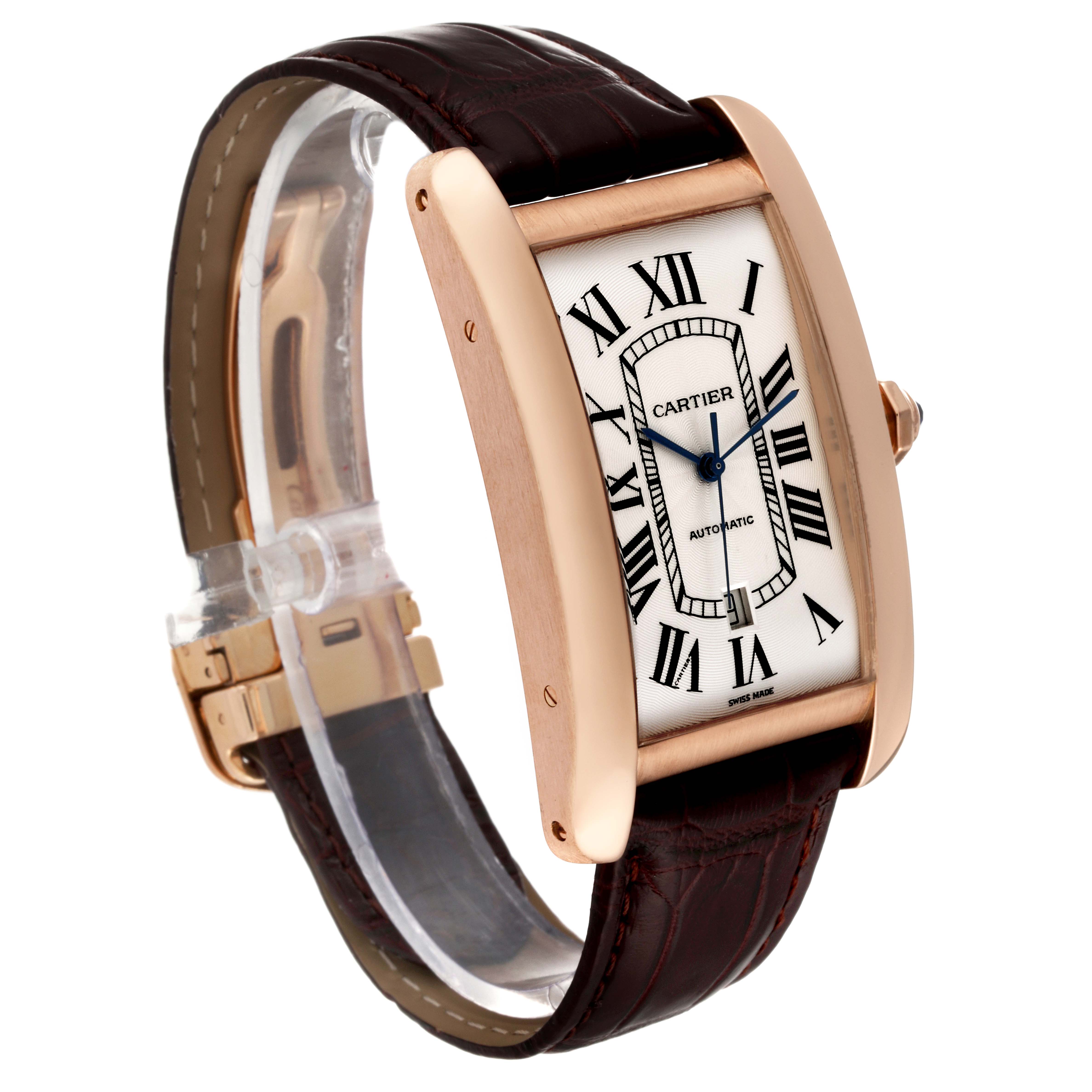 The image shows a Cartier Tank Americaine W2609856 Men
s Rose Gold Silver Dial W2609856 Men
s Rose Gold Silver Dial watch at a three-quarter angle, showcasing the face, case, and strap.