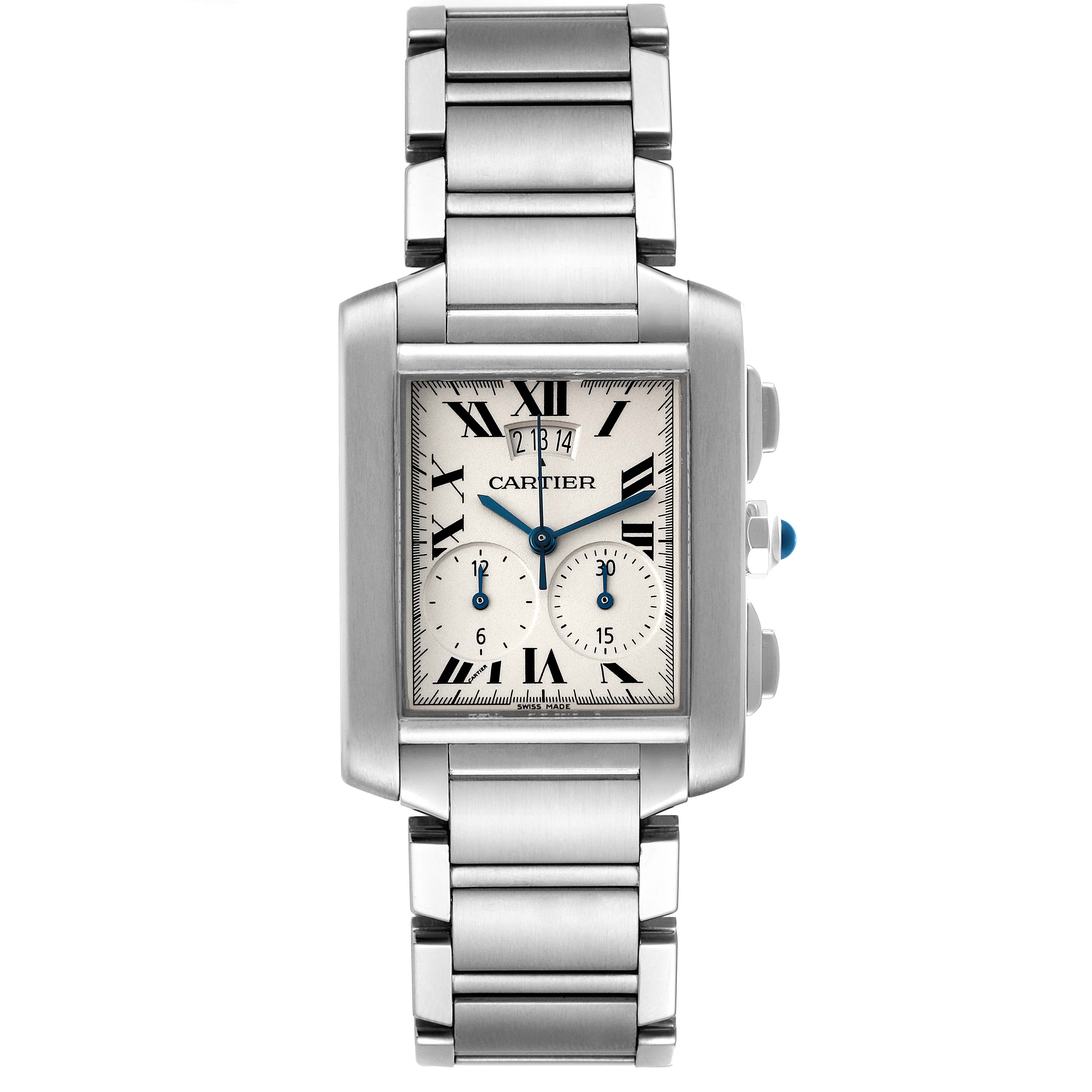 The Cartier Tank Francaise W51024Q3 Men's Stainless Steel Silver Dial W51024Q3 Men's Stainless Steel Silver Dial watch is shown from the front, displaying the face, bracelet, and side chronograph buttons.