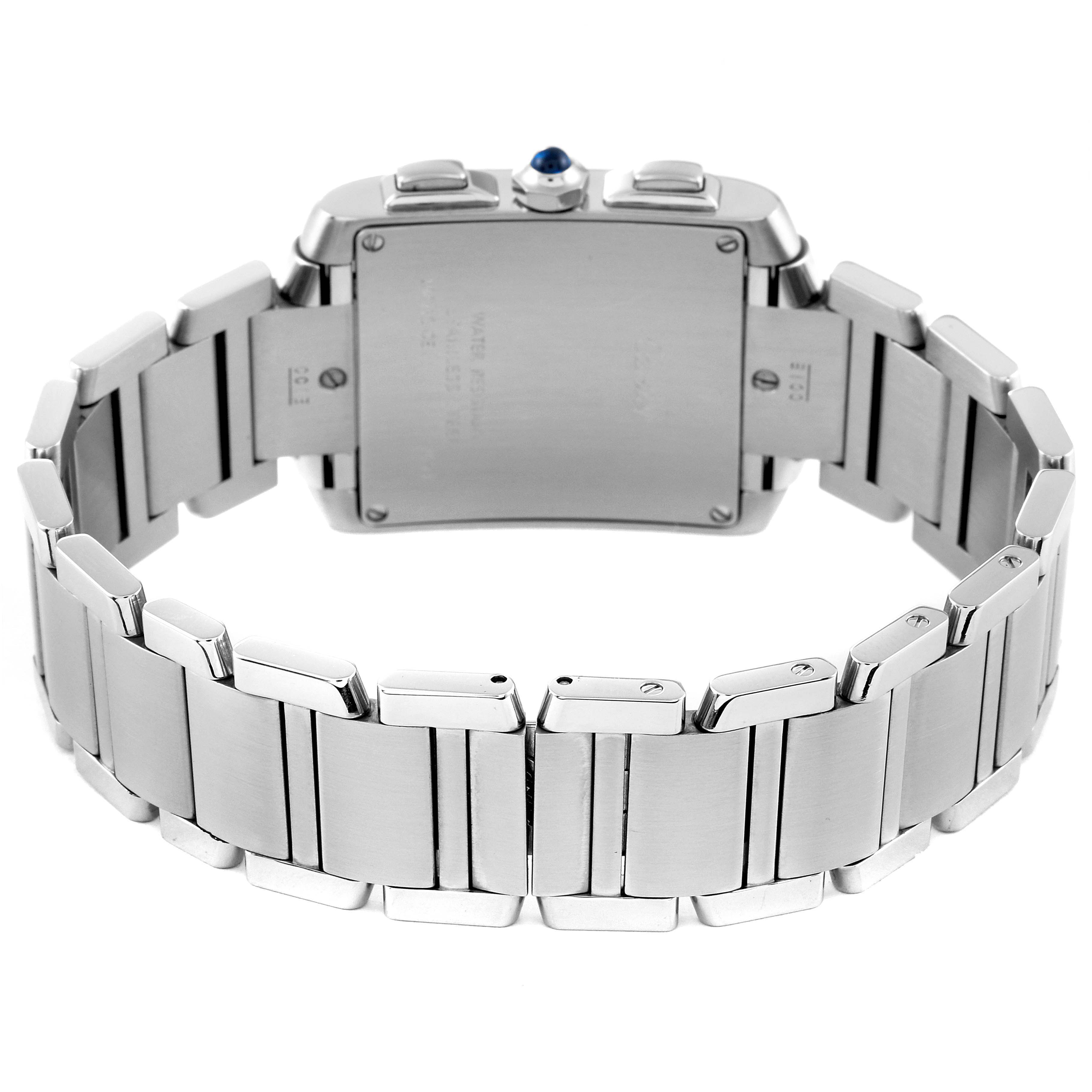 This image shows the back and bracelet of a Cartier Tank Francaise W51024Q3 Men's Stainless Steel Silver Dial W51024Q3 Men's Stainless Steel Silver Dial watch.