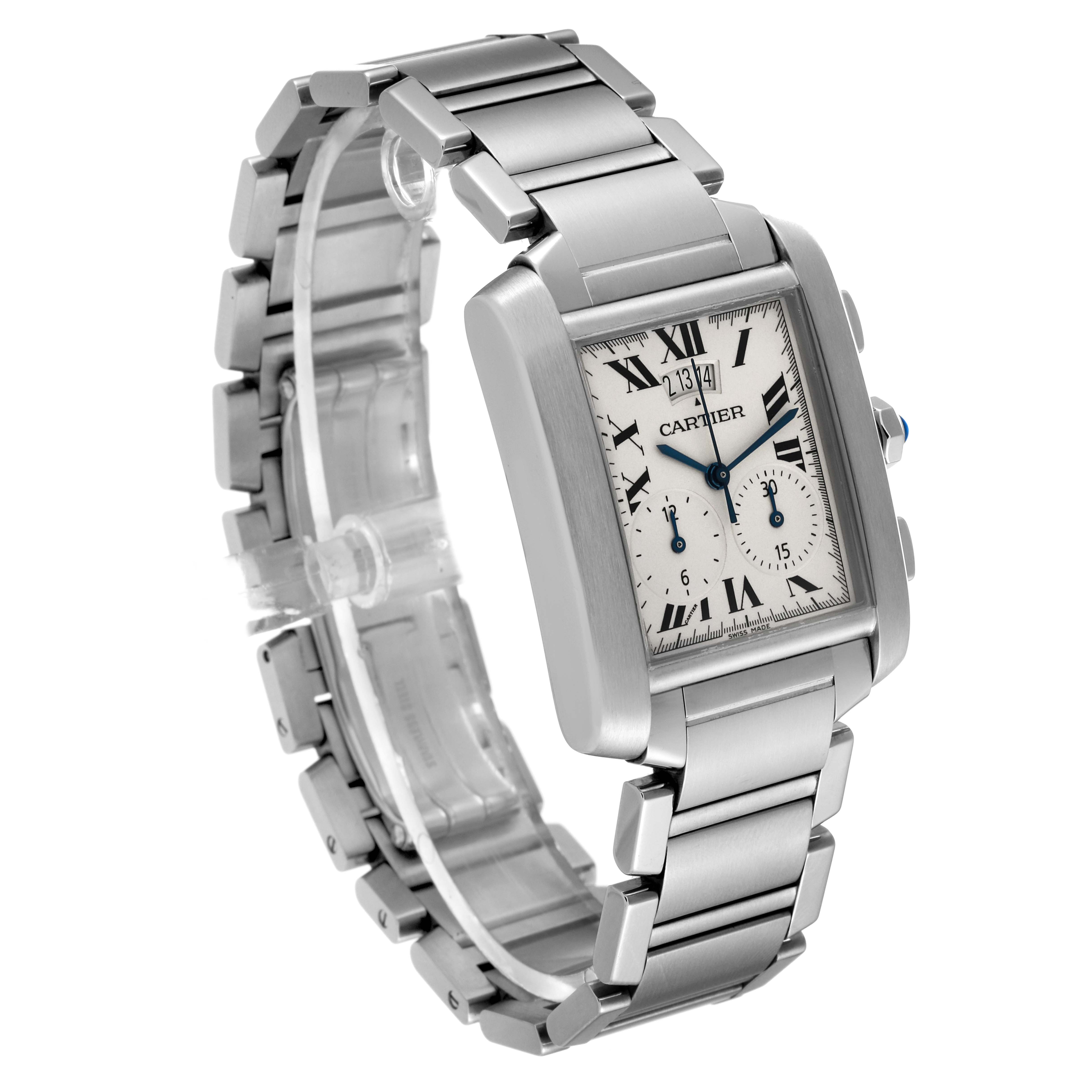 The Cartier Tank Francaise W51024Q3 Men's Stainless Steel Silver Dial W51024Q3 Men's Stainless Steel Silver Dial watch is shown at a 3/4 angle view, displaying its rectangular face, metal bracelet, and side buttons.