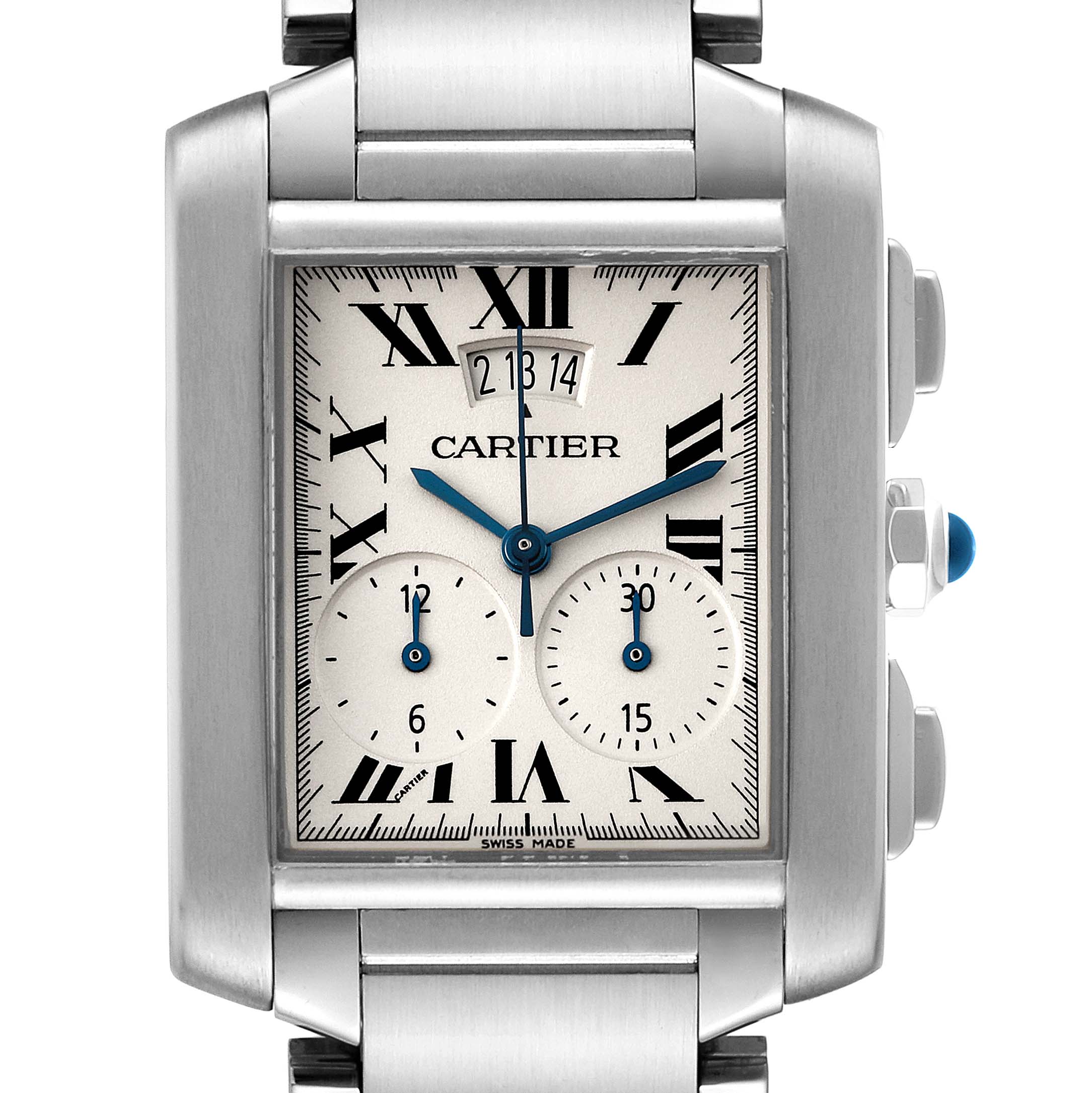 This image shows a close-up of the dial and case of the Cartier Tank Francaise W51024Q3 Men's Stainless Steel Silver Dial W51024Q3 Men's Stainless Steel Silver Dial watch, highlighting the face, hands, and side buttons.