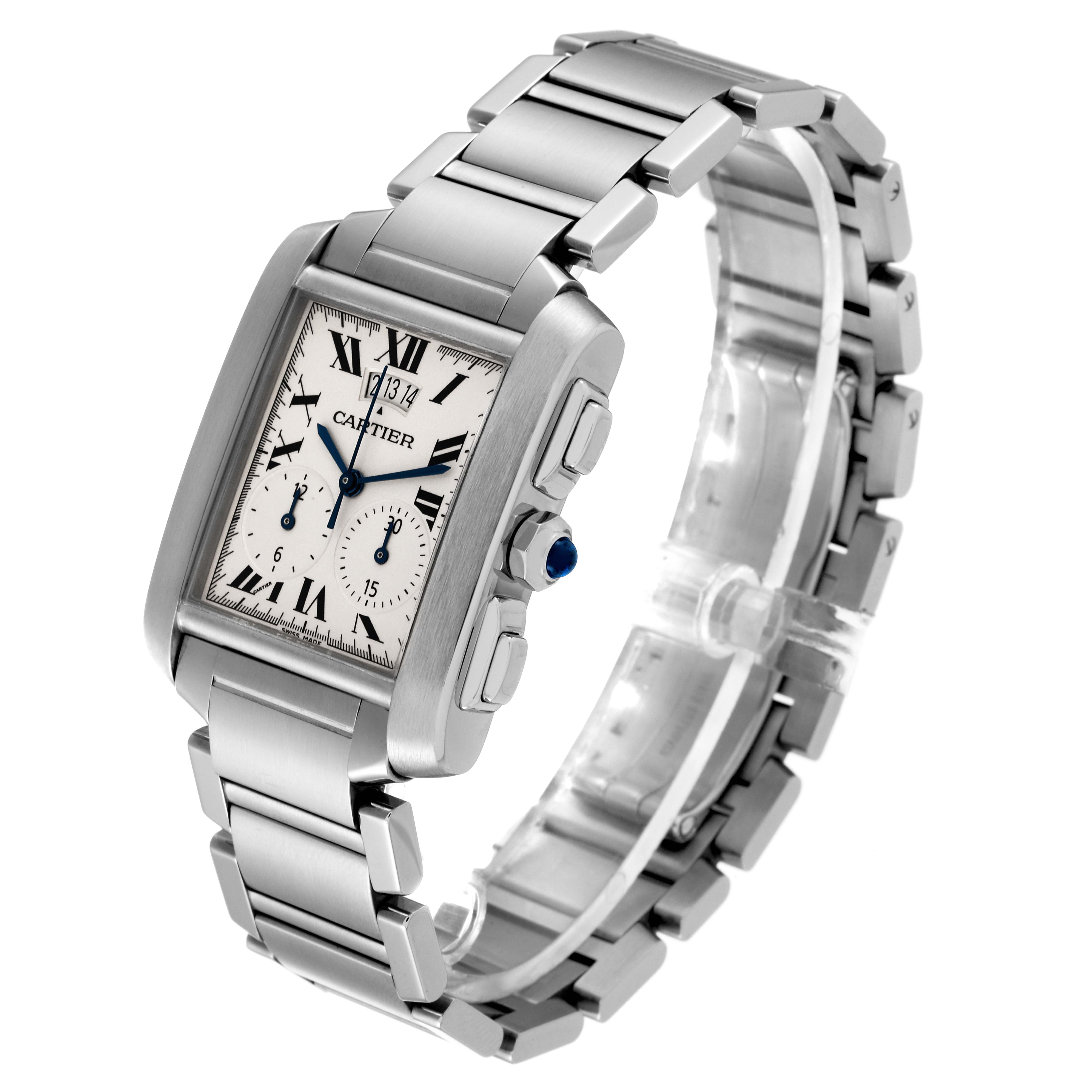 The image shows a Cartier Tank Francaise W51024Q3 Men's Stainless Steel Silver Dial W51024Q3 Men's Stainless Steel Silver Dial watch at an angle displaying the front face, band, and side buttons.