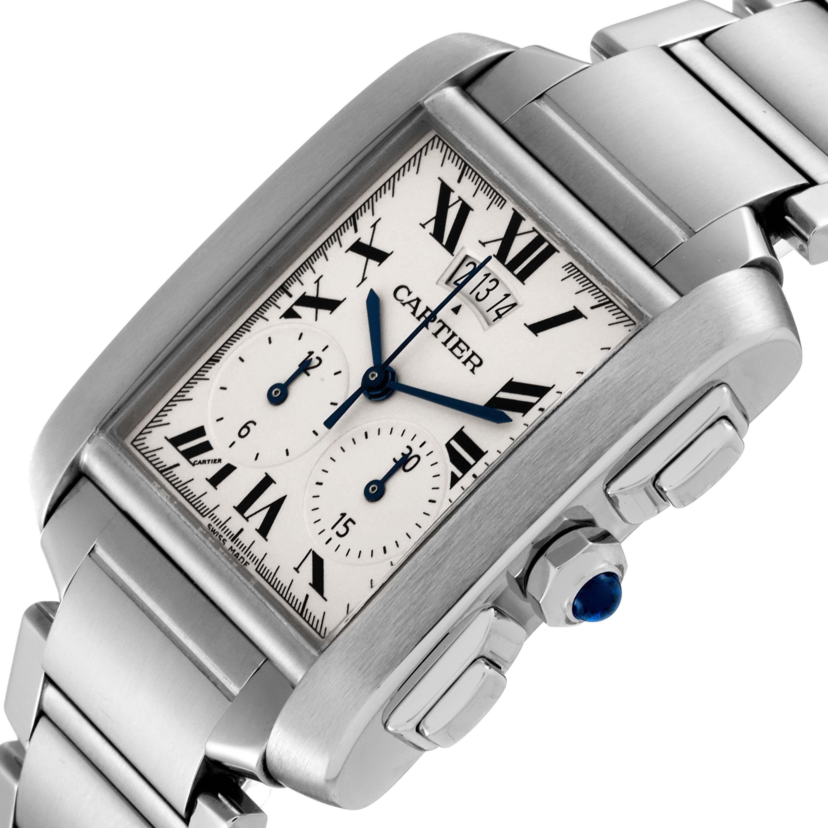 This is a close-up angled view of the Cartier Tank Francaise W51024Q3 Men's Stainless Steel Silver Dial W51024Q3 Men's Stainless Steel Silver Dial watch showing the face, crown, and stainless steel band.