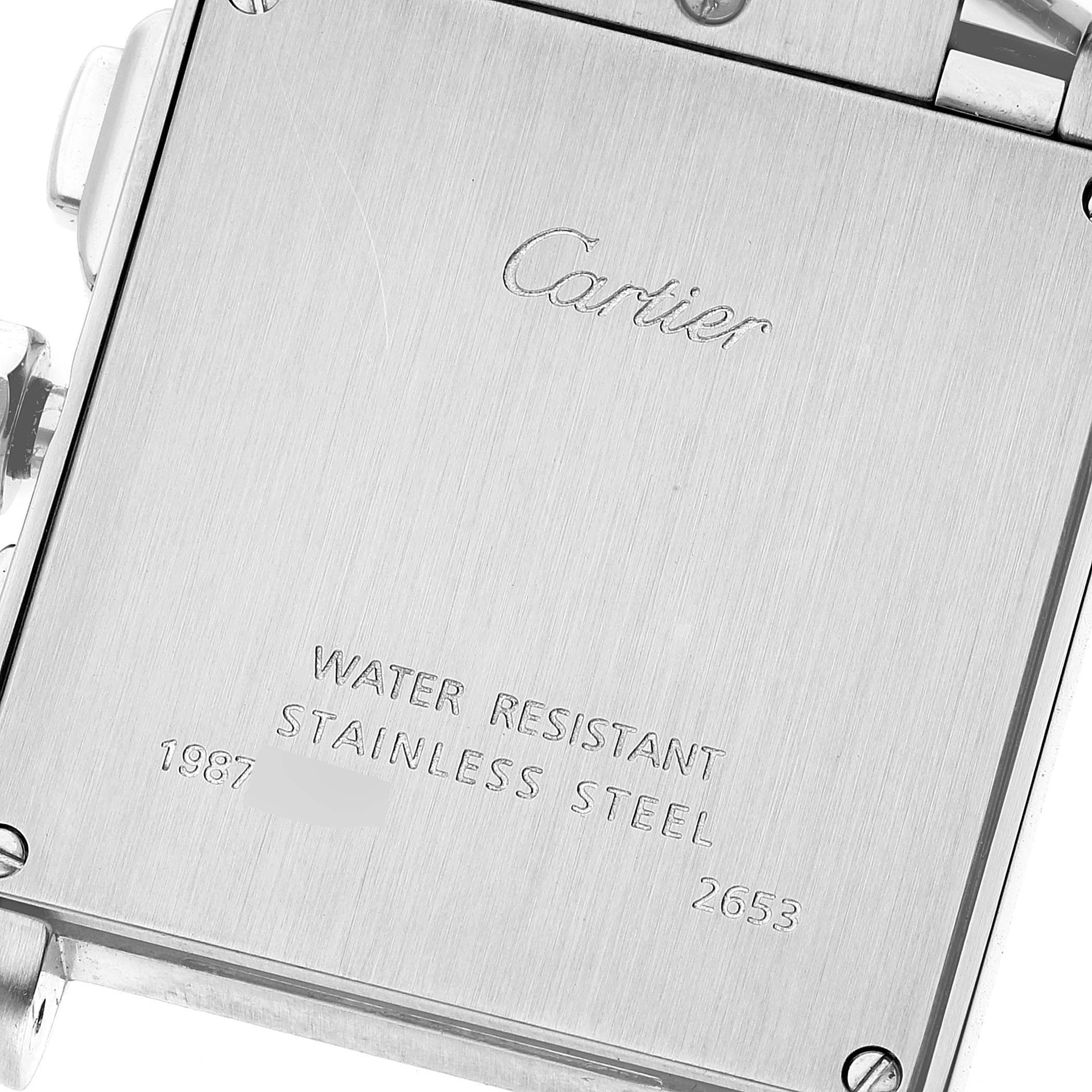 This image shows the back case of a Cartier Tank Francaise W51024Q3 Men's Stainless Steel Silver Dial W51024Q3 Men's Stainless Steel Silver Dial watch, highlighting its water resistance and stainless steel features.
