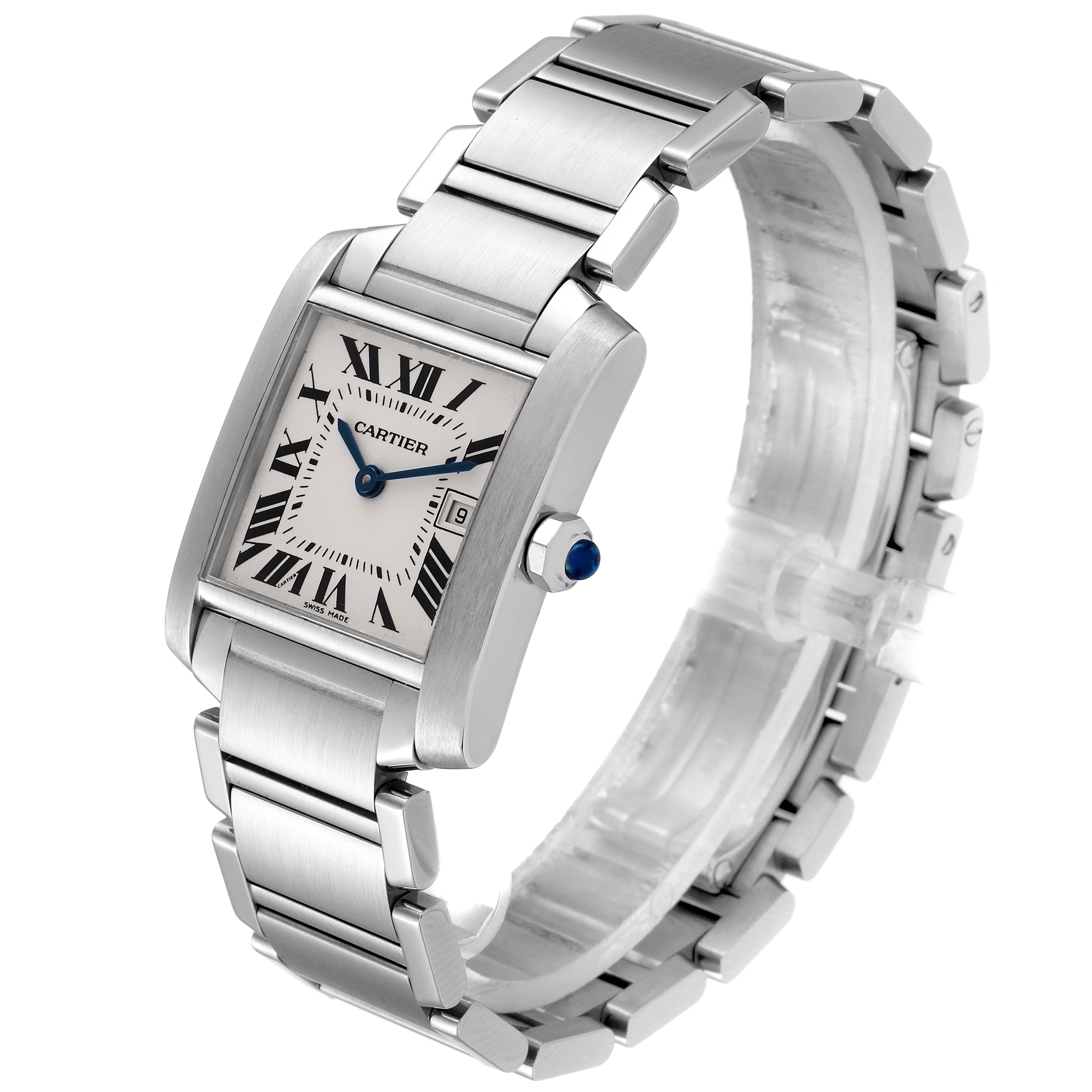 The image shows a Cartier Tank Francaise W51011Q3 Women
s Stainless Steel Silver Dial W51011Q3 Women
s Stainless Steel Silver Dial watch at a three-quarter angle, highlighting the face, bracelet, and crown.