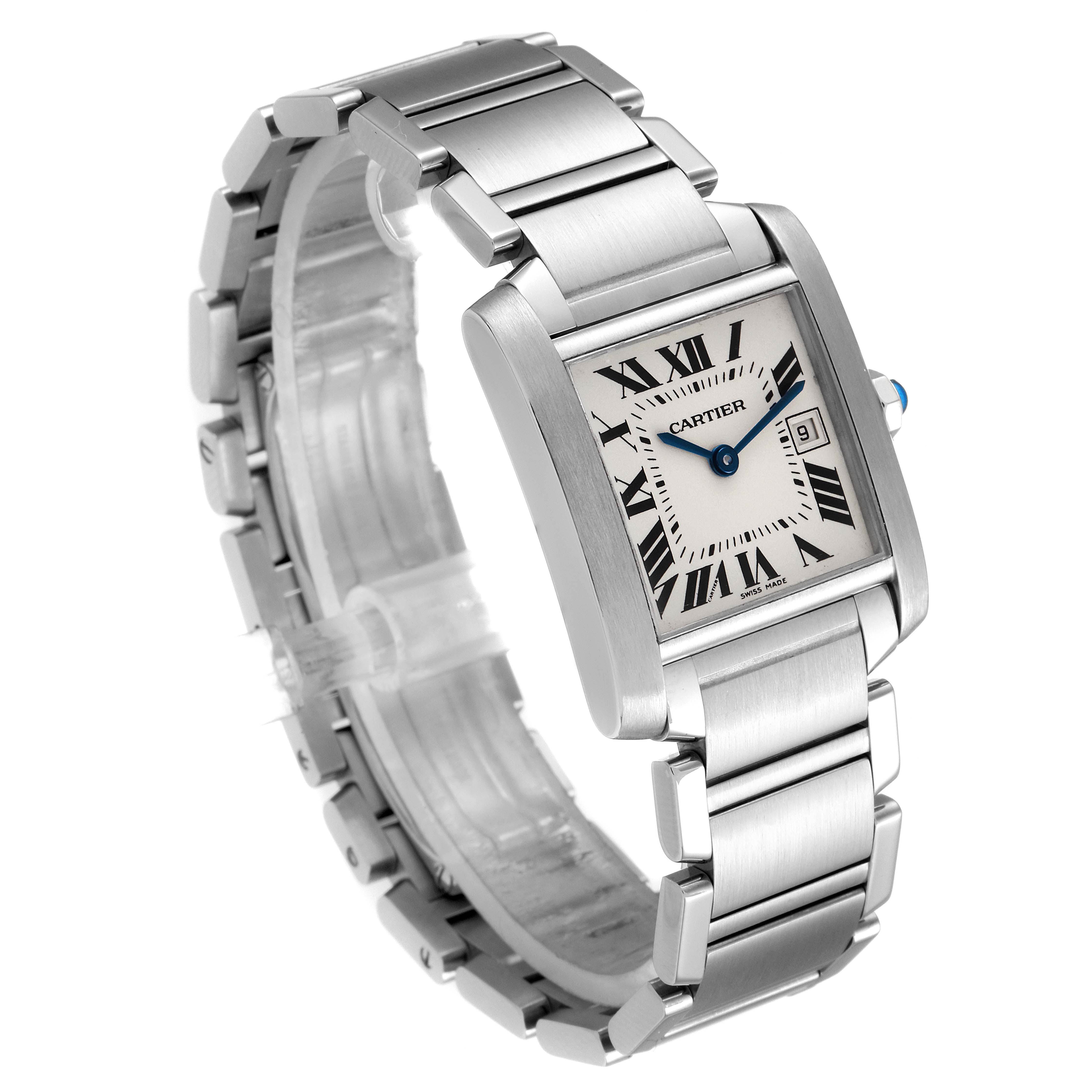 This image shows a side angle of the Cartier Tank Francaise W51011Q3 Women
s Stainless Steel Silver Dial W51011Q3 Women
s Stainless Steel Silver Dial watch, focusing on its square face and stainless steel bracelet.