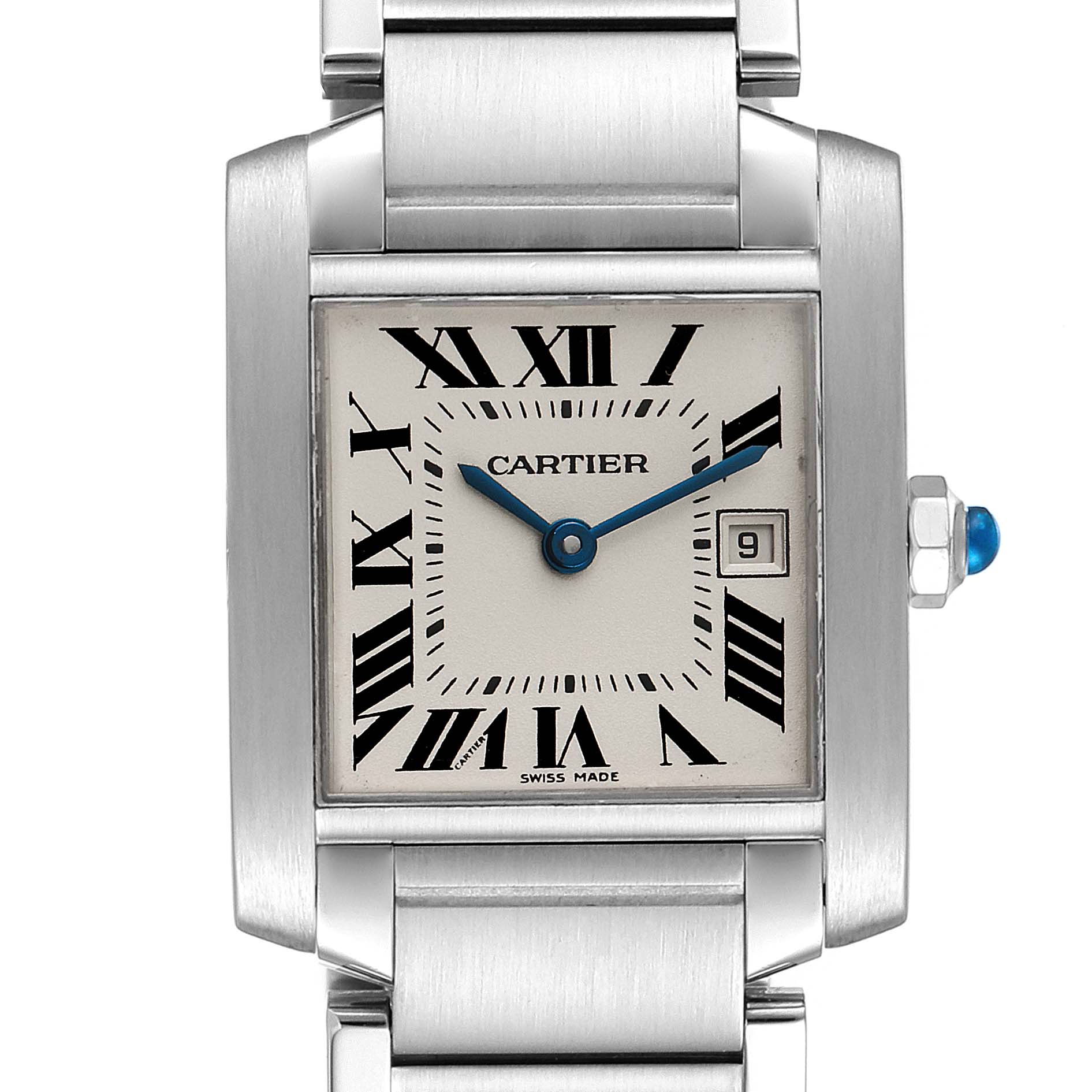 This image shows a front view of the Tank Française model by Cartier, displaying the dial, Roman numerals, hands, and part of the bracelet.