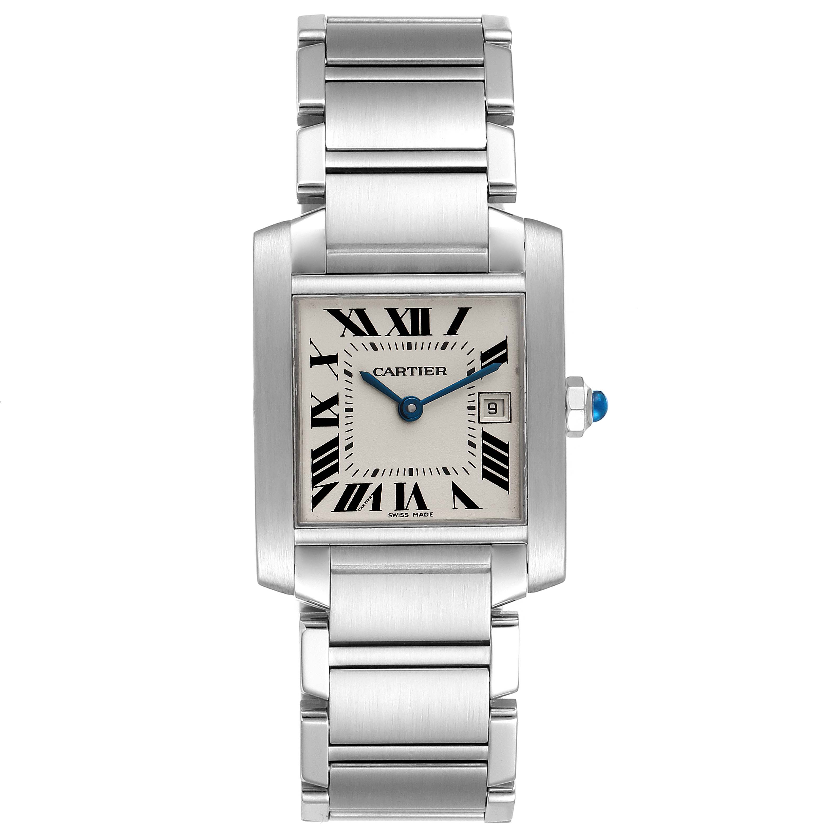 The image shows a front view of the Cartier Tank Francaise W51011Q3 Women
s Stainless Steel Silver Dial W51011Q3 Women
s Stainless Steel Silver Dial watch, highlighting its rectangular face, Roman numerals, and metal bracelet.