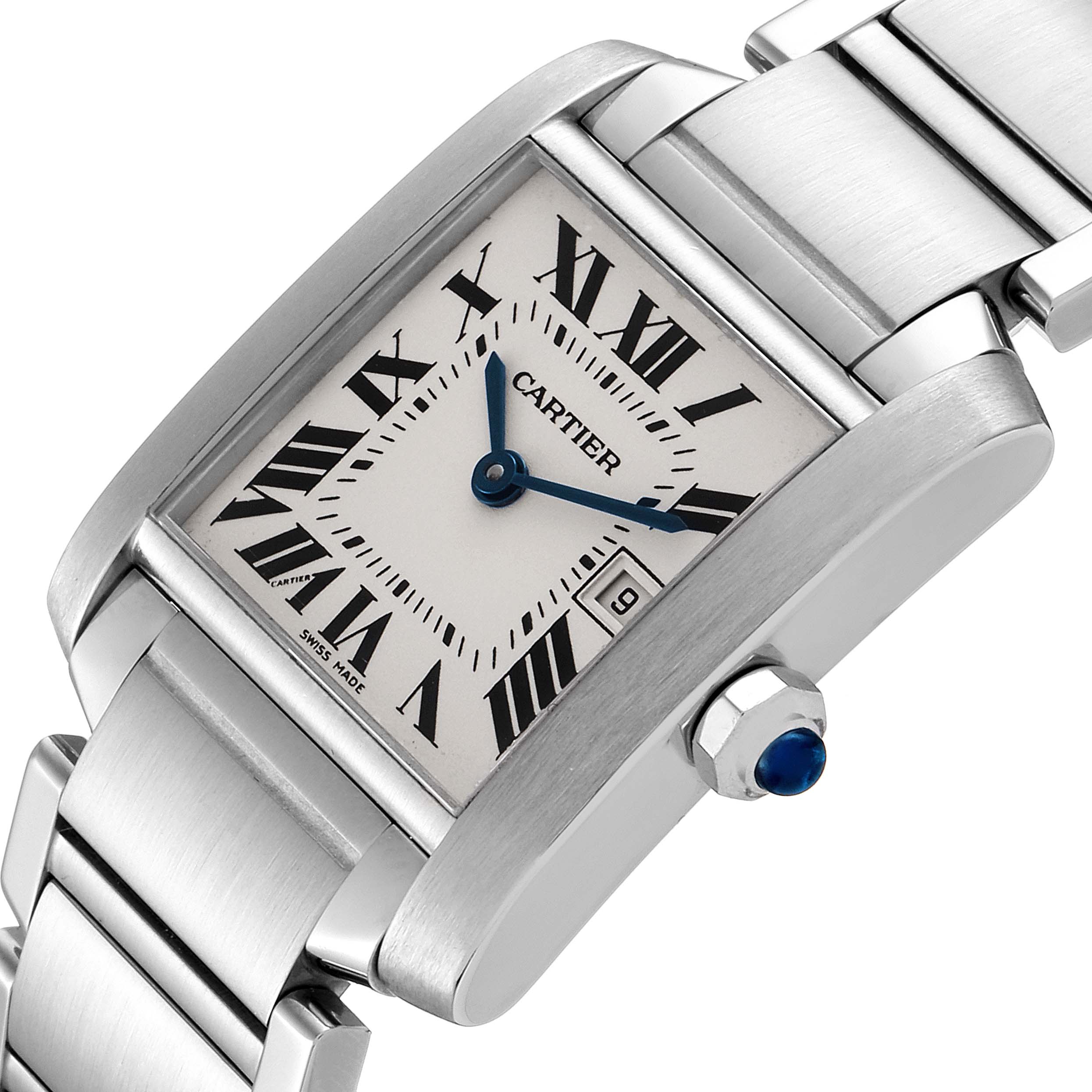 The image shows a close-up, angled view of the Cartier Tank Française watch, highlighting its face, crown, and part of the bracelet.