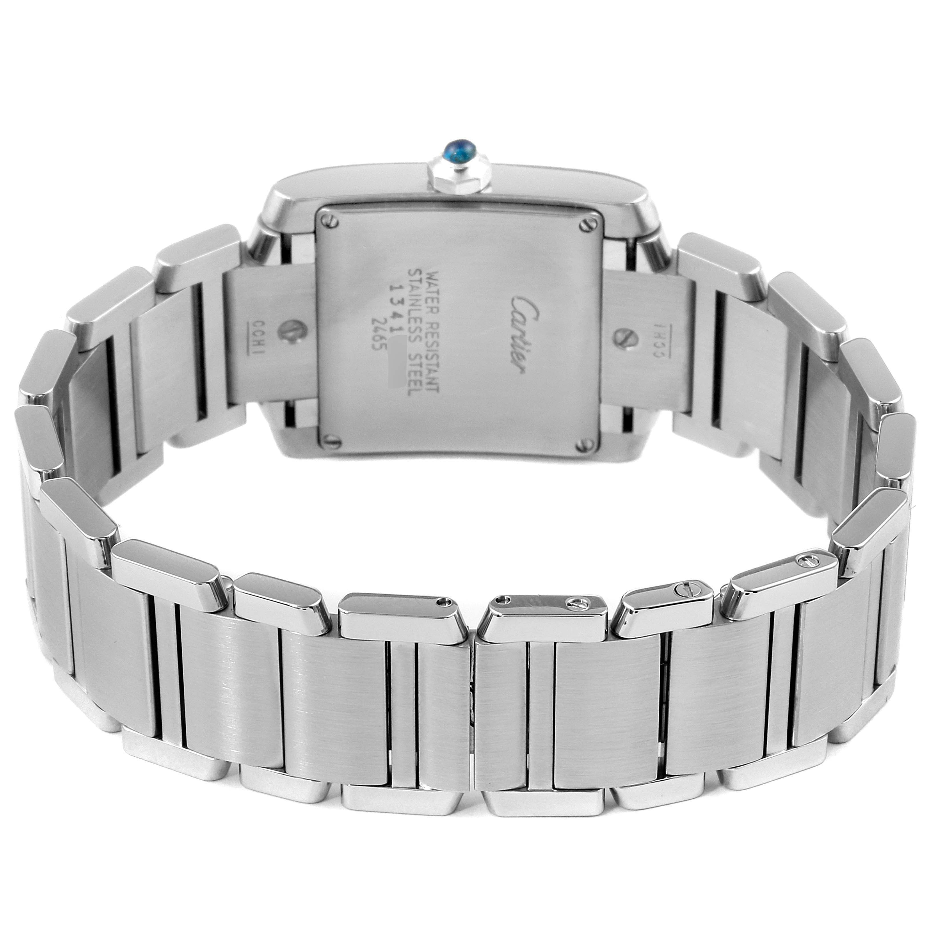 The image shows the back view of the Cartier Tank Francaise W51011Q3 Women
s Stainless Steel Silver Dial W51011Q3 Women
s Stainless Steel Silver Dial watch, highlighting its stainless steel case and bracelet.
