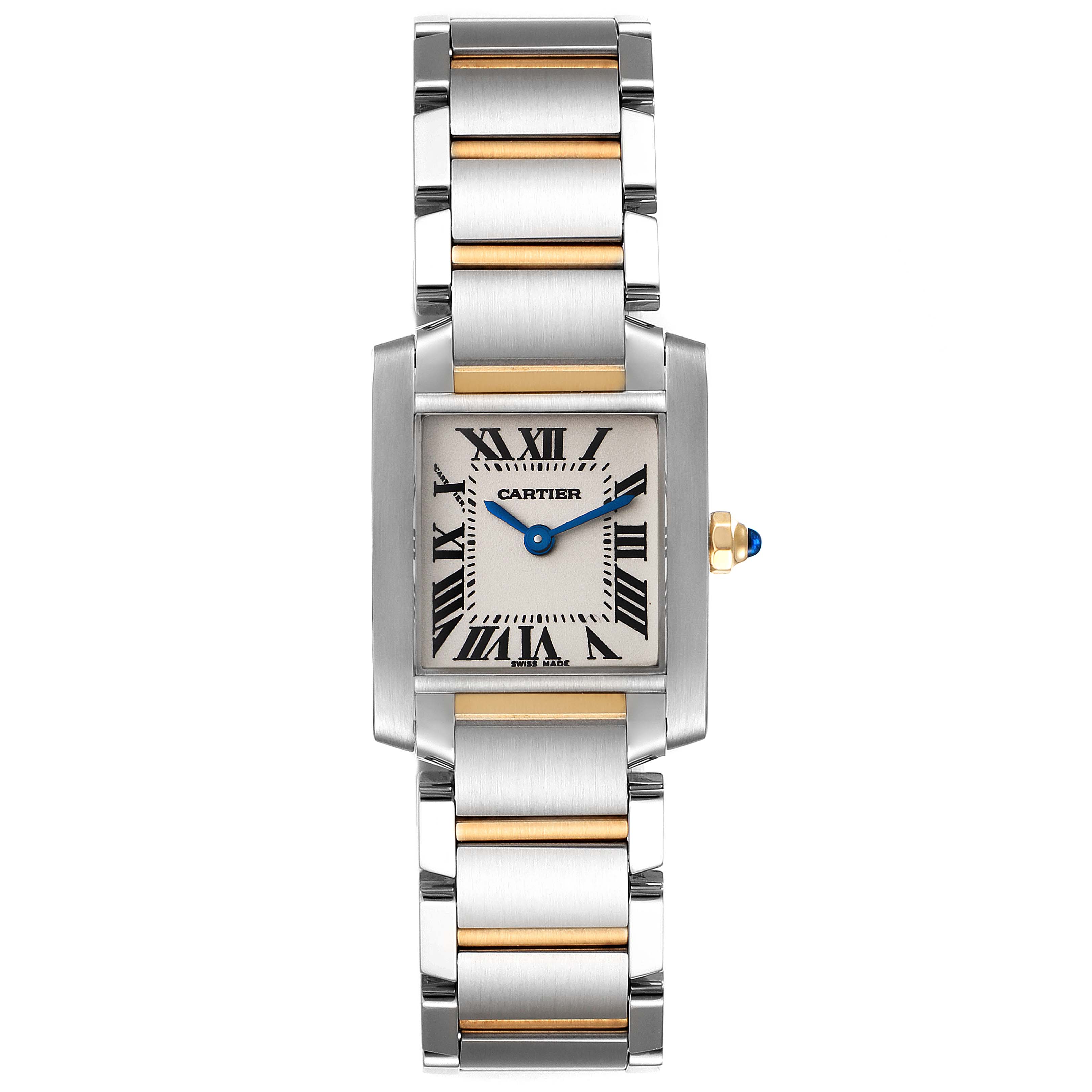 The image shows a full frontal view of the Cartier Tank Francaise W51007Q4 Women's Steel and Gold (two tone) Silver Dial W51007Q4 Women's Steel and Gold (two tone) Silver Dial watch, highlighting its face and bracelet.