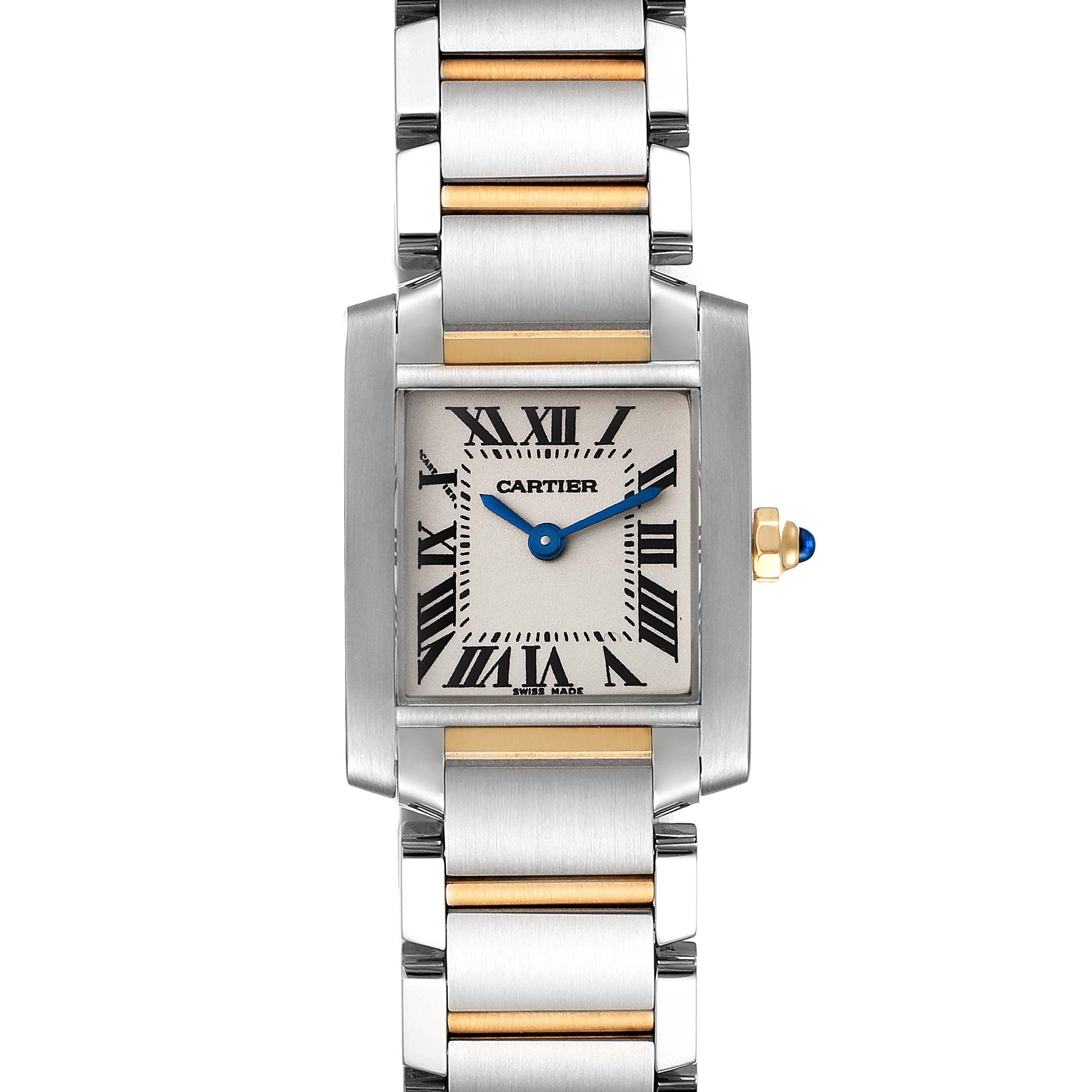 This image shows a front view of a Cartier Tank Francaise W51007Q4 Women's Steel and Gold (two tone) Silver Dial W51007Q4 Women's Steel and Gold (two tone) Silver Dial watch, highlighting its rectangular dial and stainless steel bracelet with gold accents.