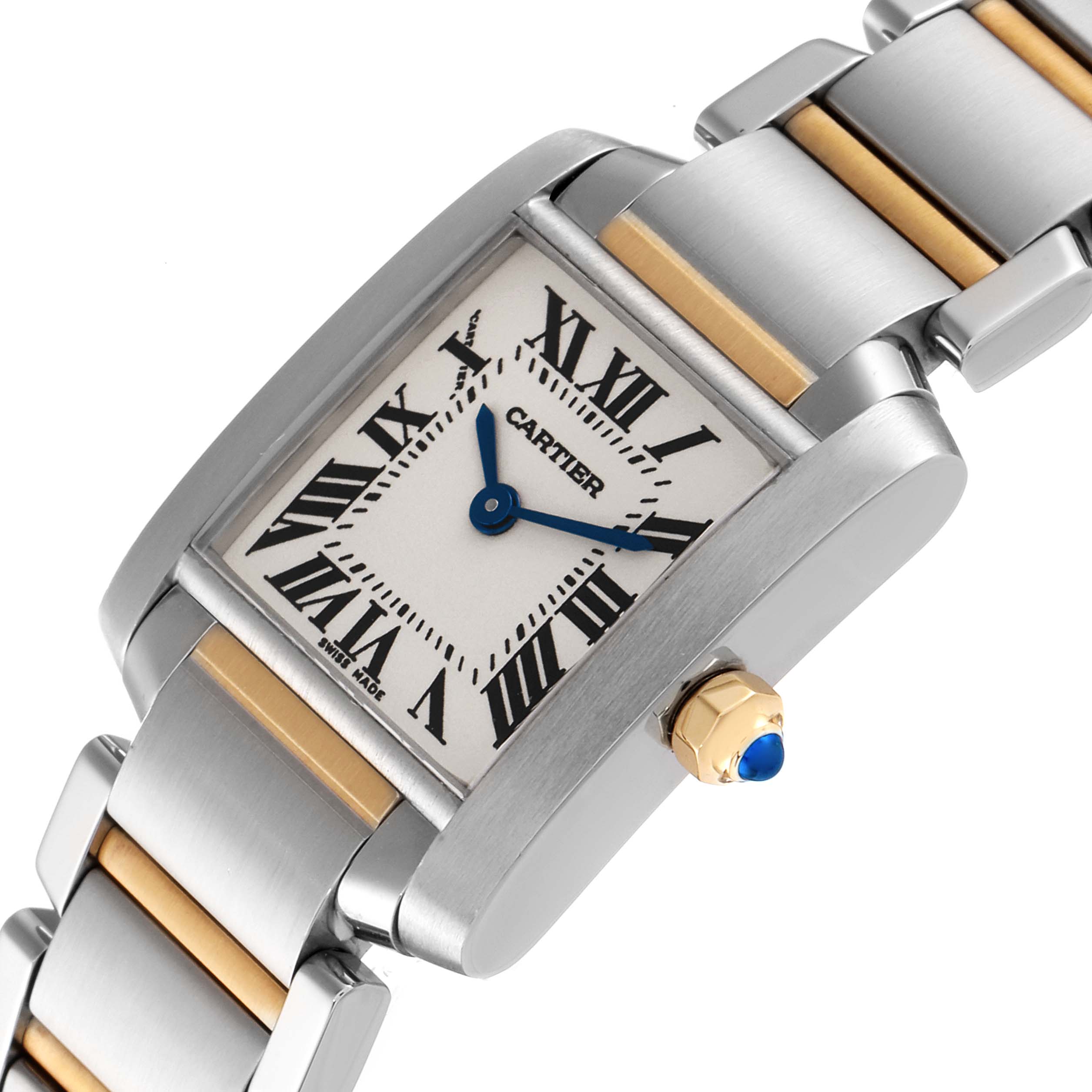 This image shows a close-up angled view of a Cartier Tank Française watch, highlighting its face, bezel, and part of the bracelet.