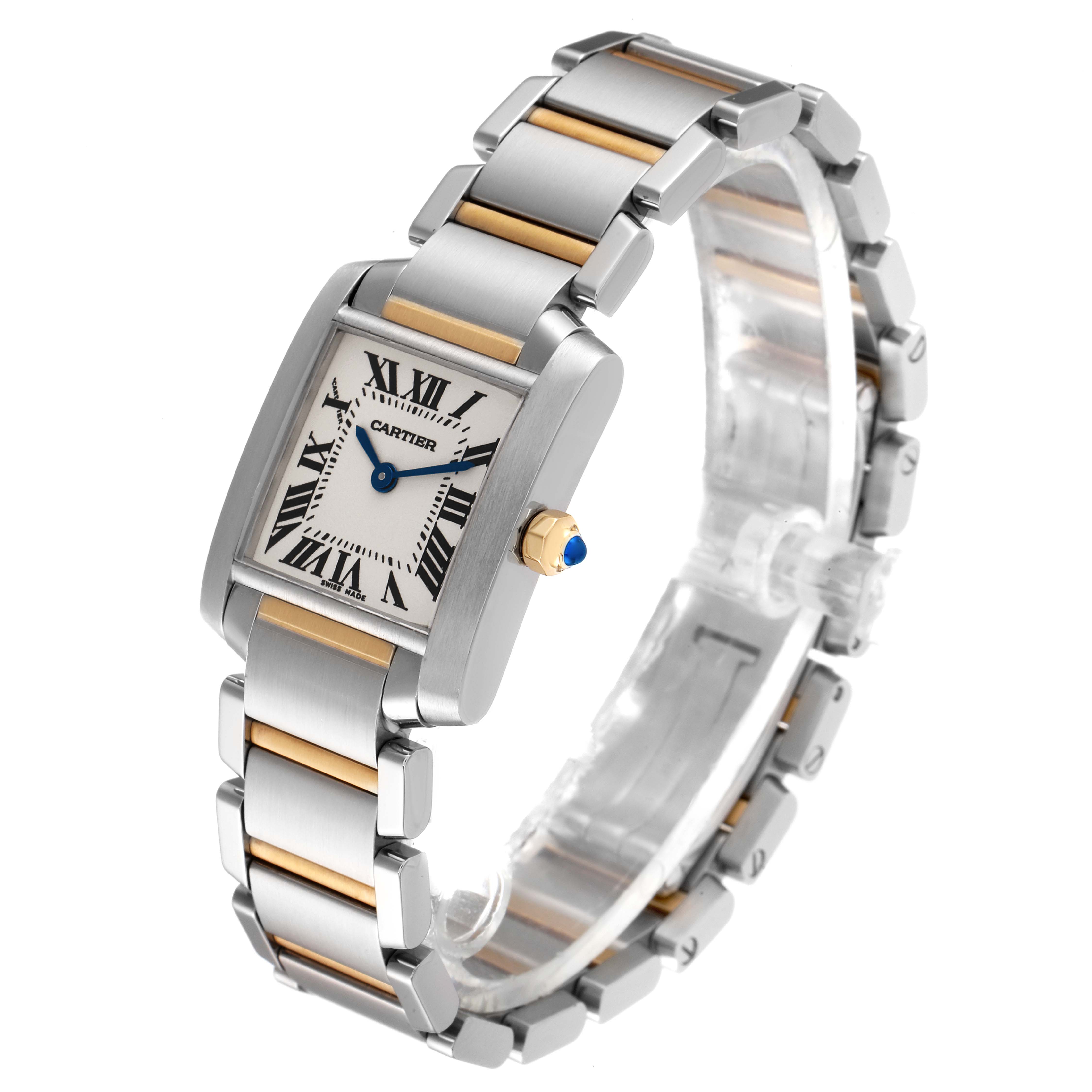 The Cartier Tank Francaise W51007Q4 Women's Steel and Gold (two tone) Silver Dial W51007Q4 Women's Steel and Gold (two tone) Silver Dial watch is shown at a slight angle, displaying the face, crown, and two-tone bracelet.