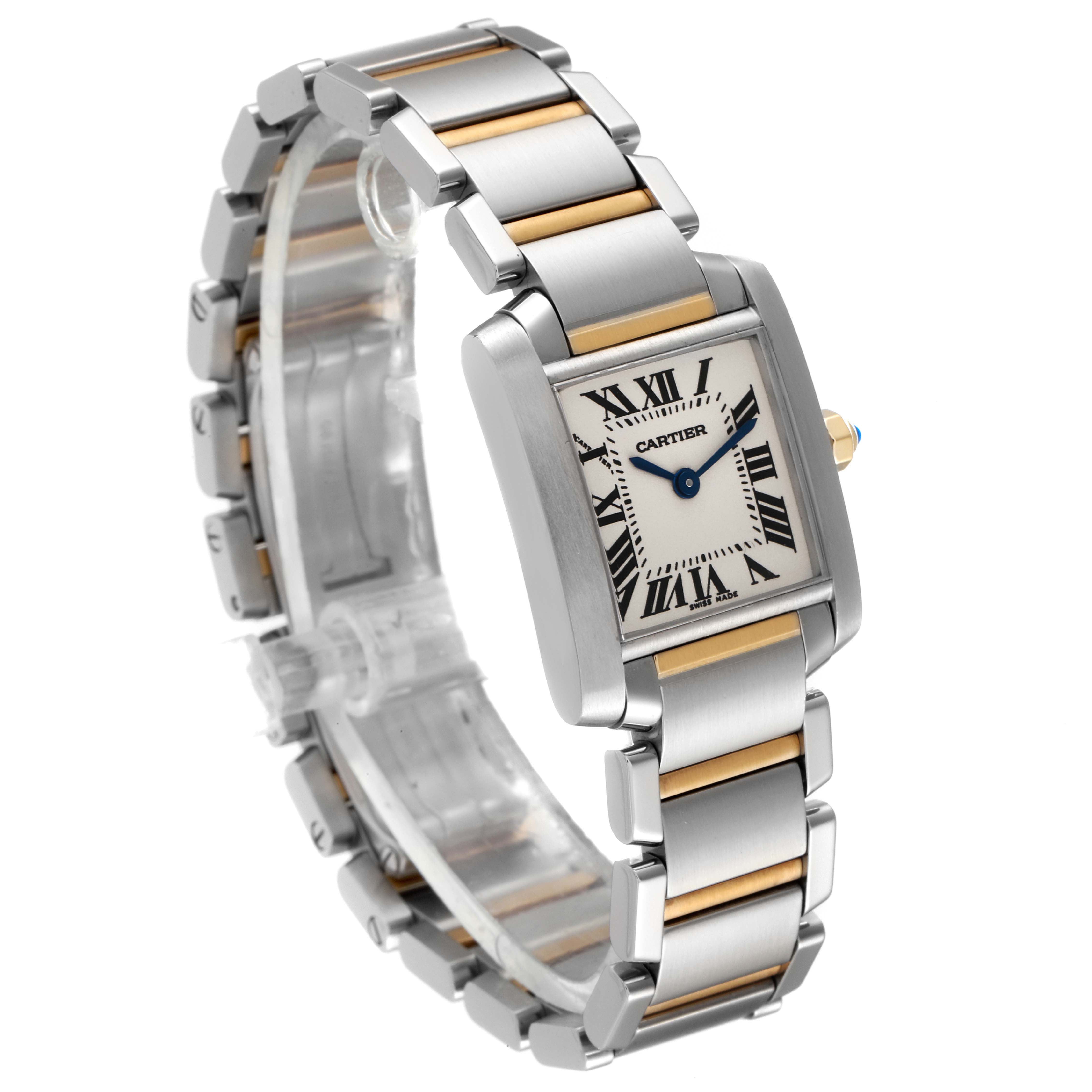 This Cartier Tank Française watch is shown at a 3/4 angle, highlighting the face, crown, and bracelet.